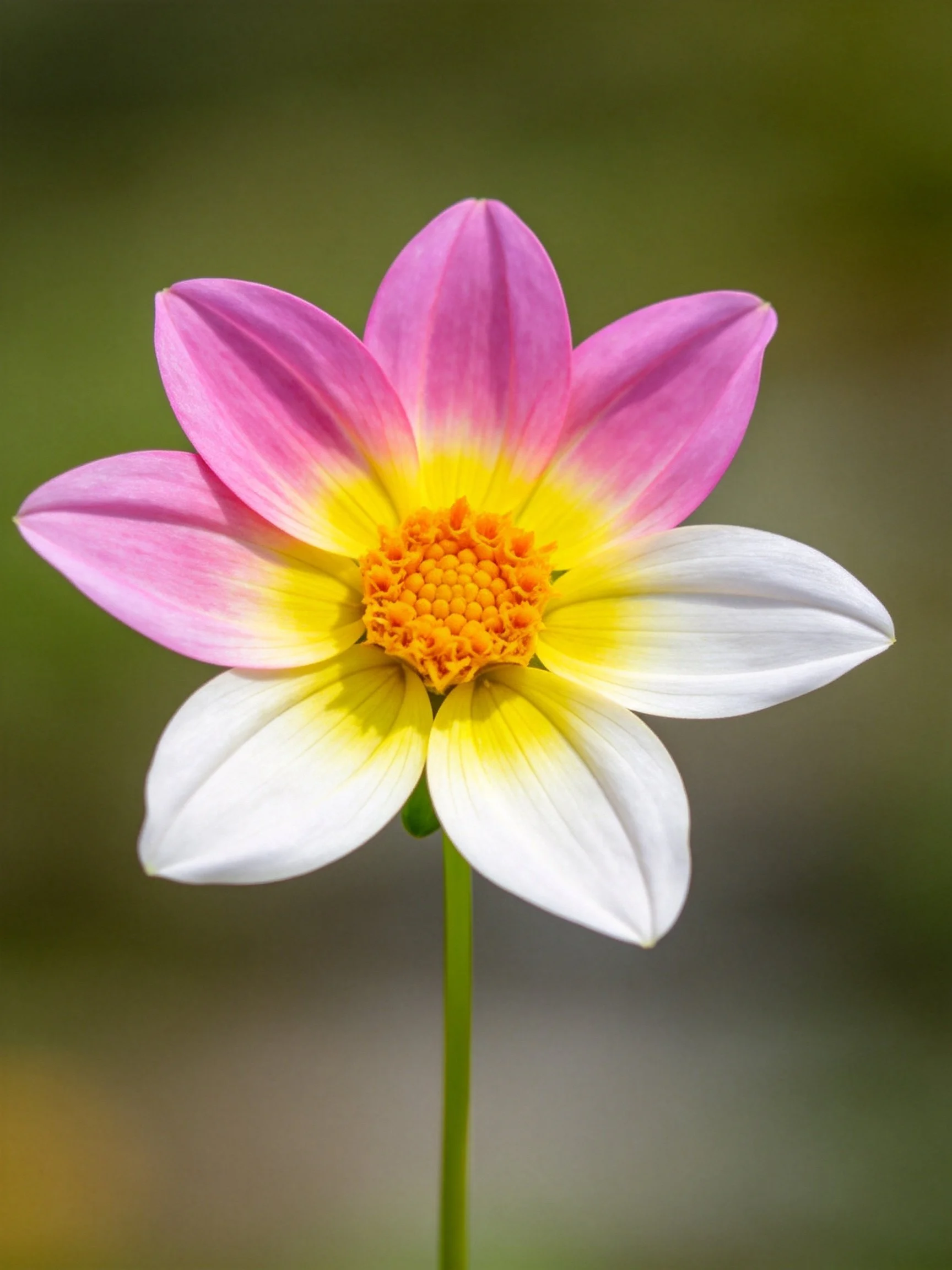 A pink and white dahlia with a vibrant yellow center