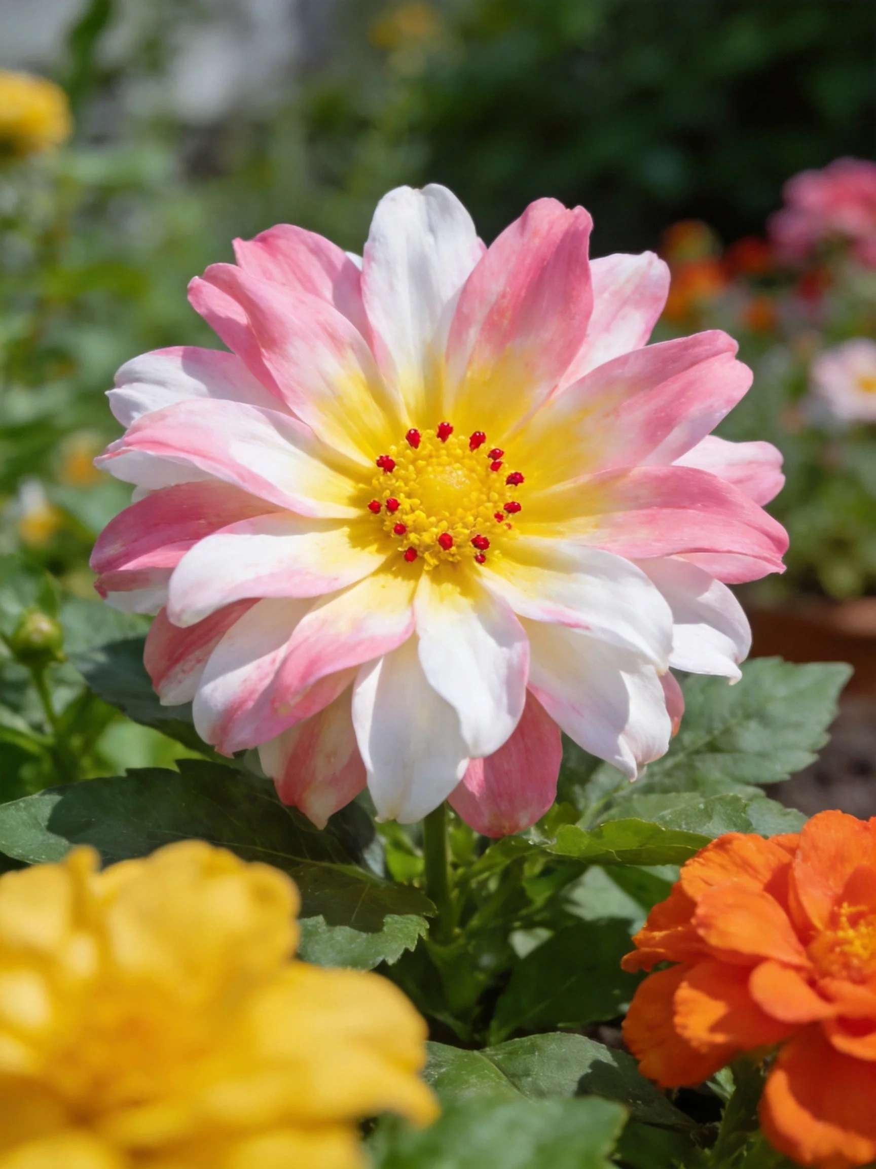 A pink and white dahlia with a yellow center amid colorful flowers