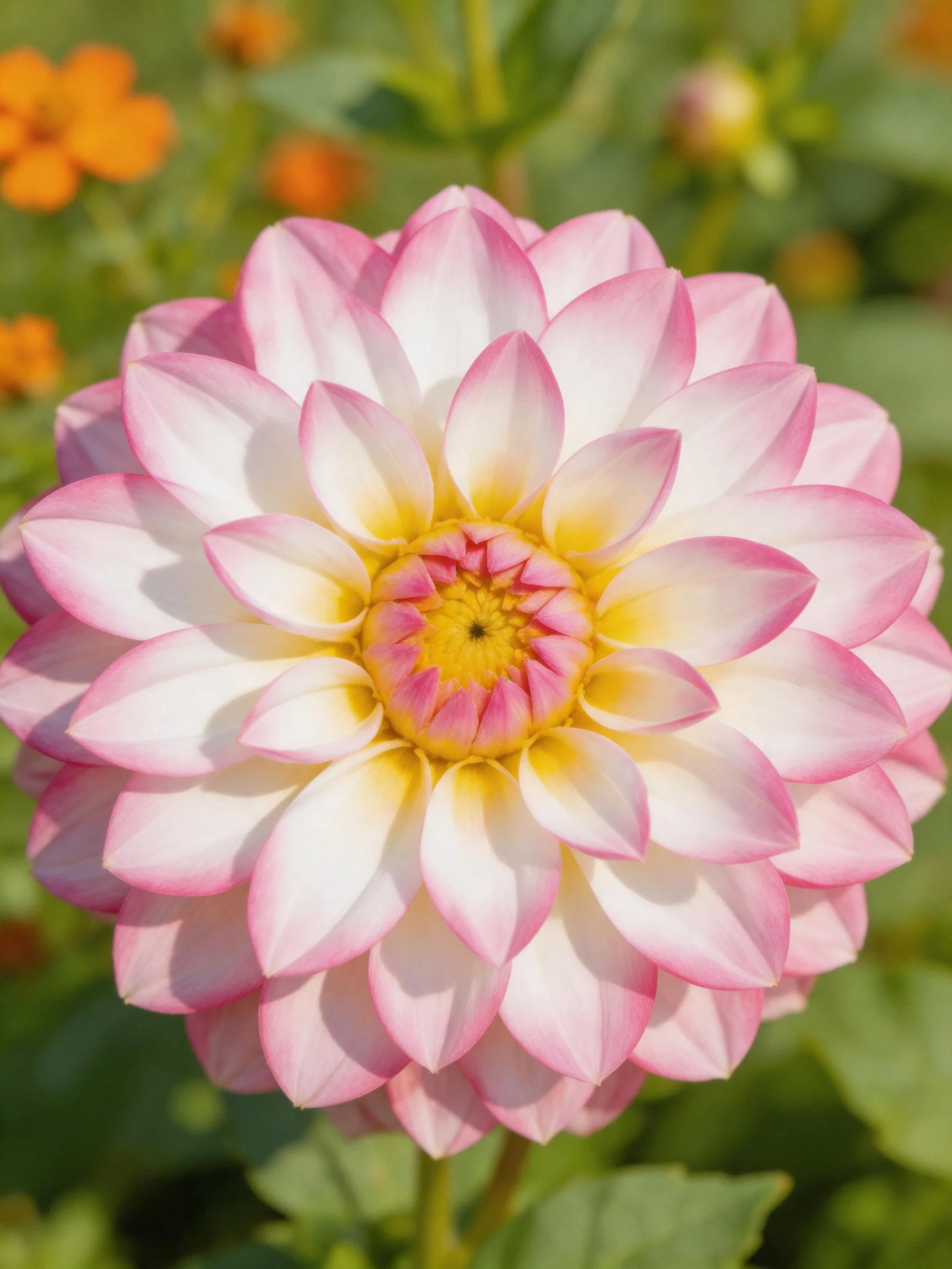 A pink and white dahlia with a yellow center in a garden