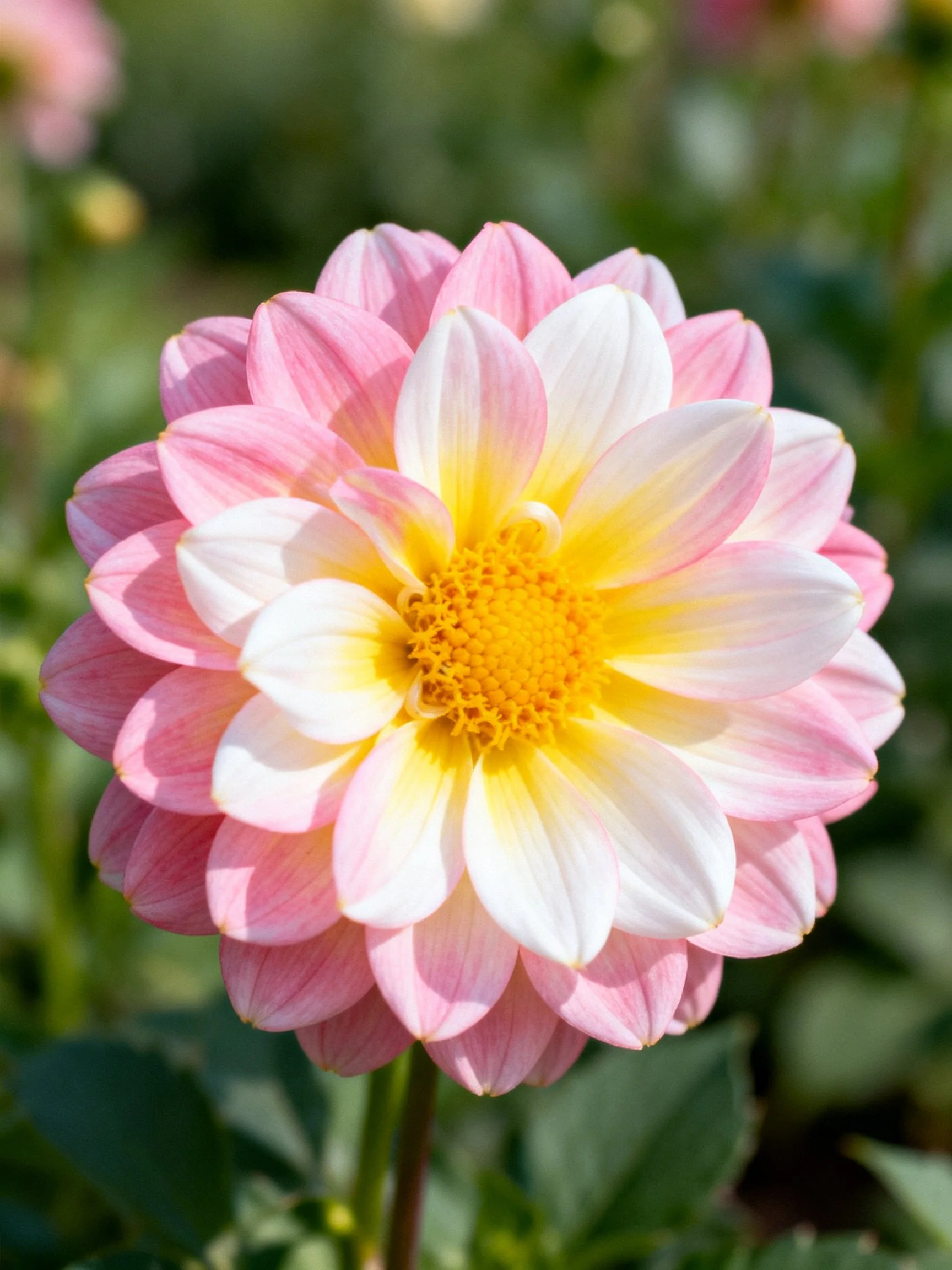 A pink and white dahlia with layered petals and a bright yellow center
