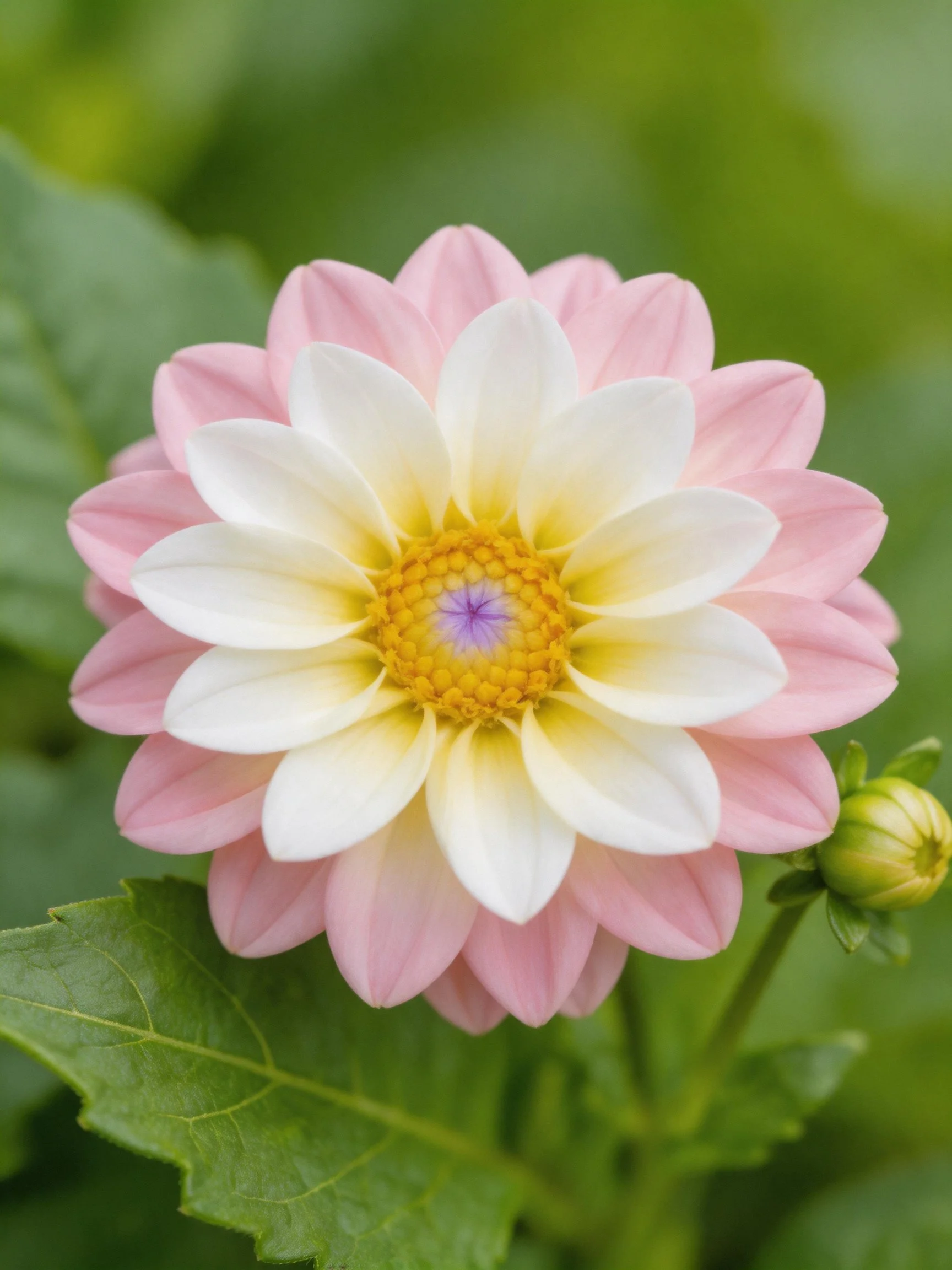 A pink and white dahlia with layered petals and yellow center