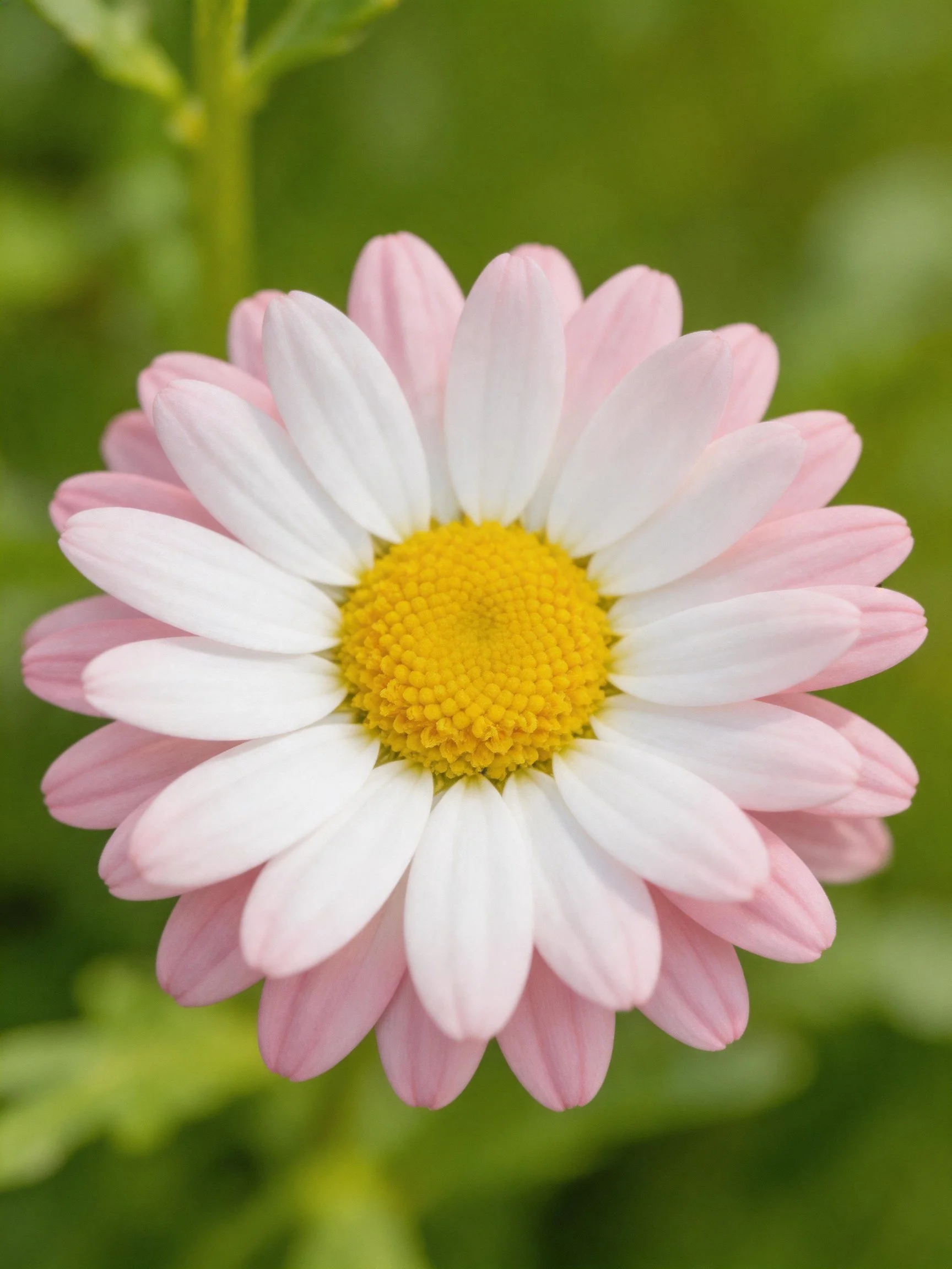 A pink and white daisy with a golden-yellow central disc