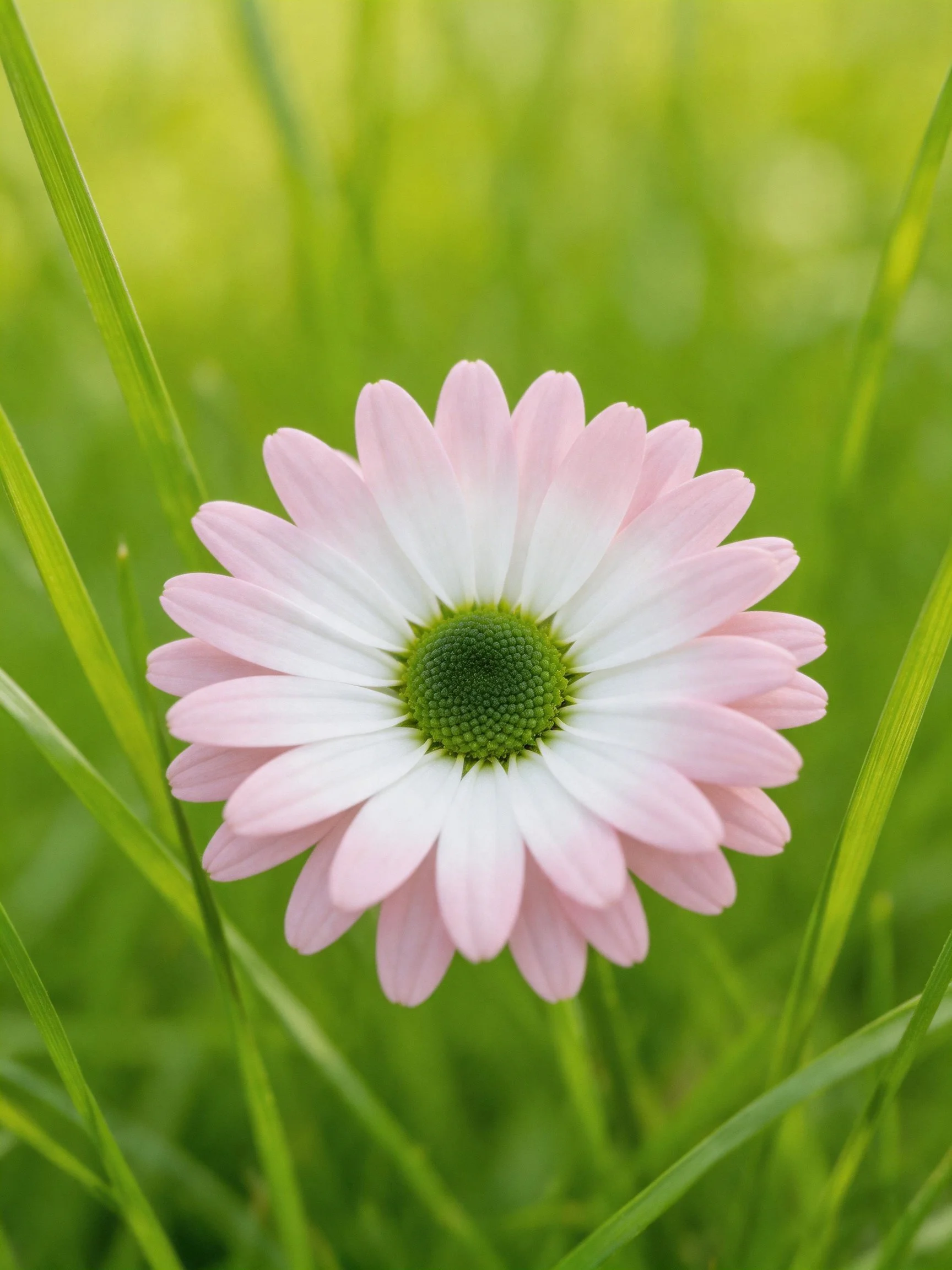 A pink and white daisy with green center amidst tall grass
