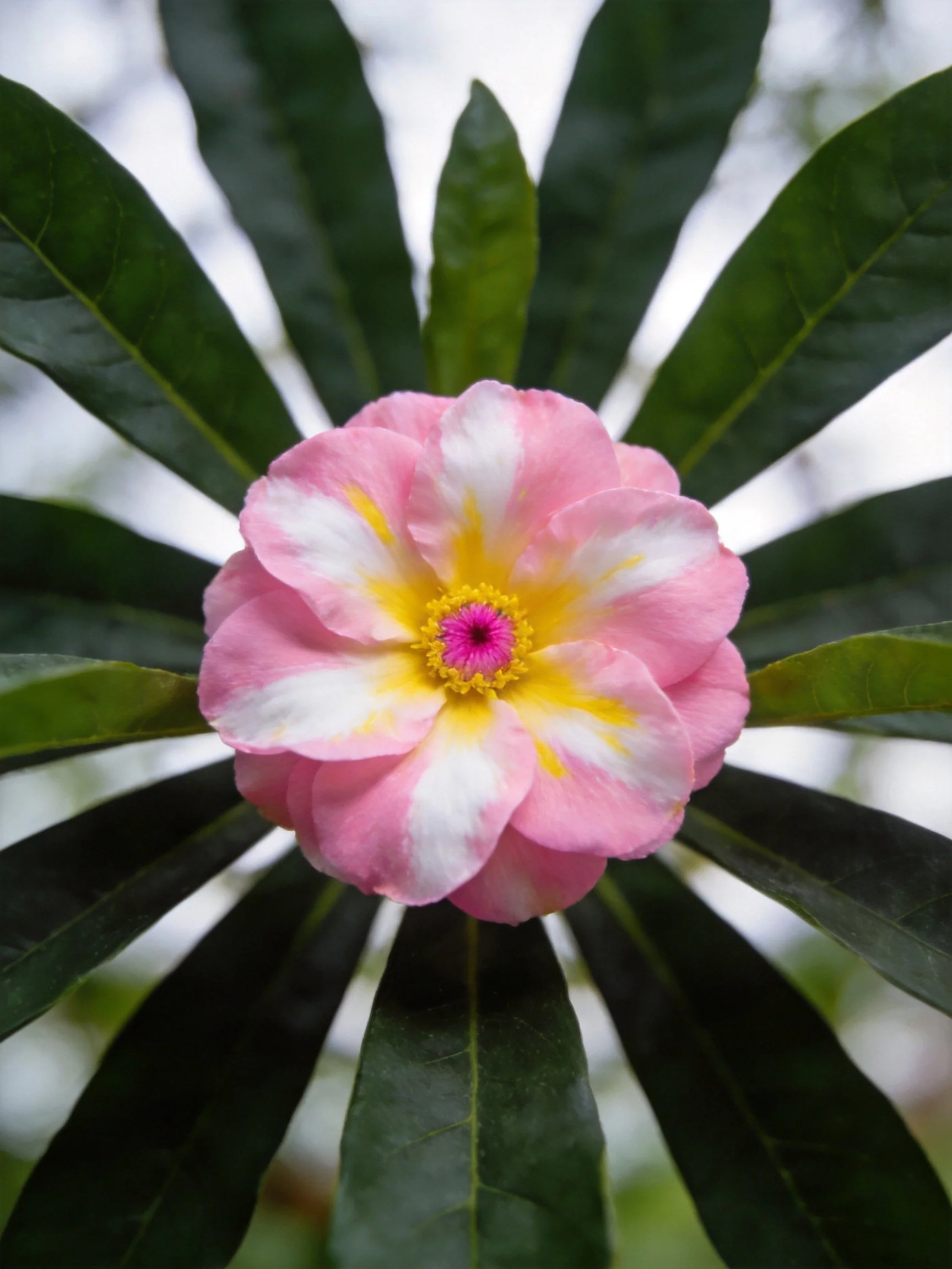 A pink and white flower with yellow center surrounded by dark green leaves