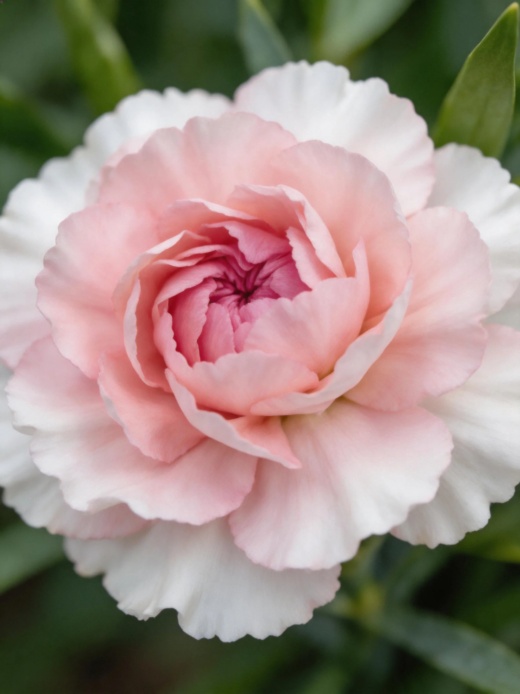 A pink and white layered carnation flower with green foliage