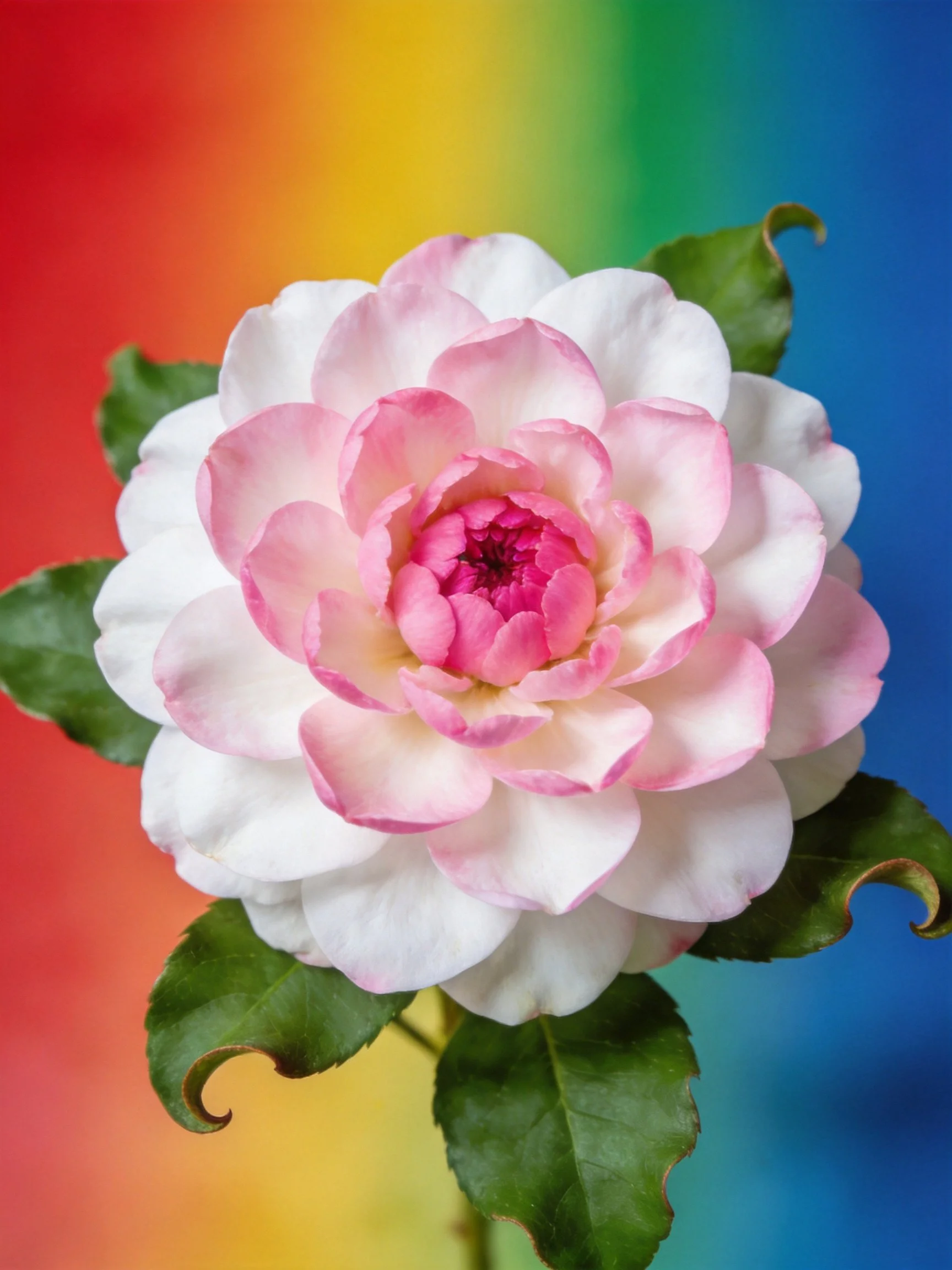 A pink and white layered flower with rainbow gradient background
