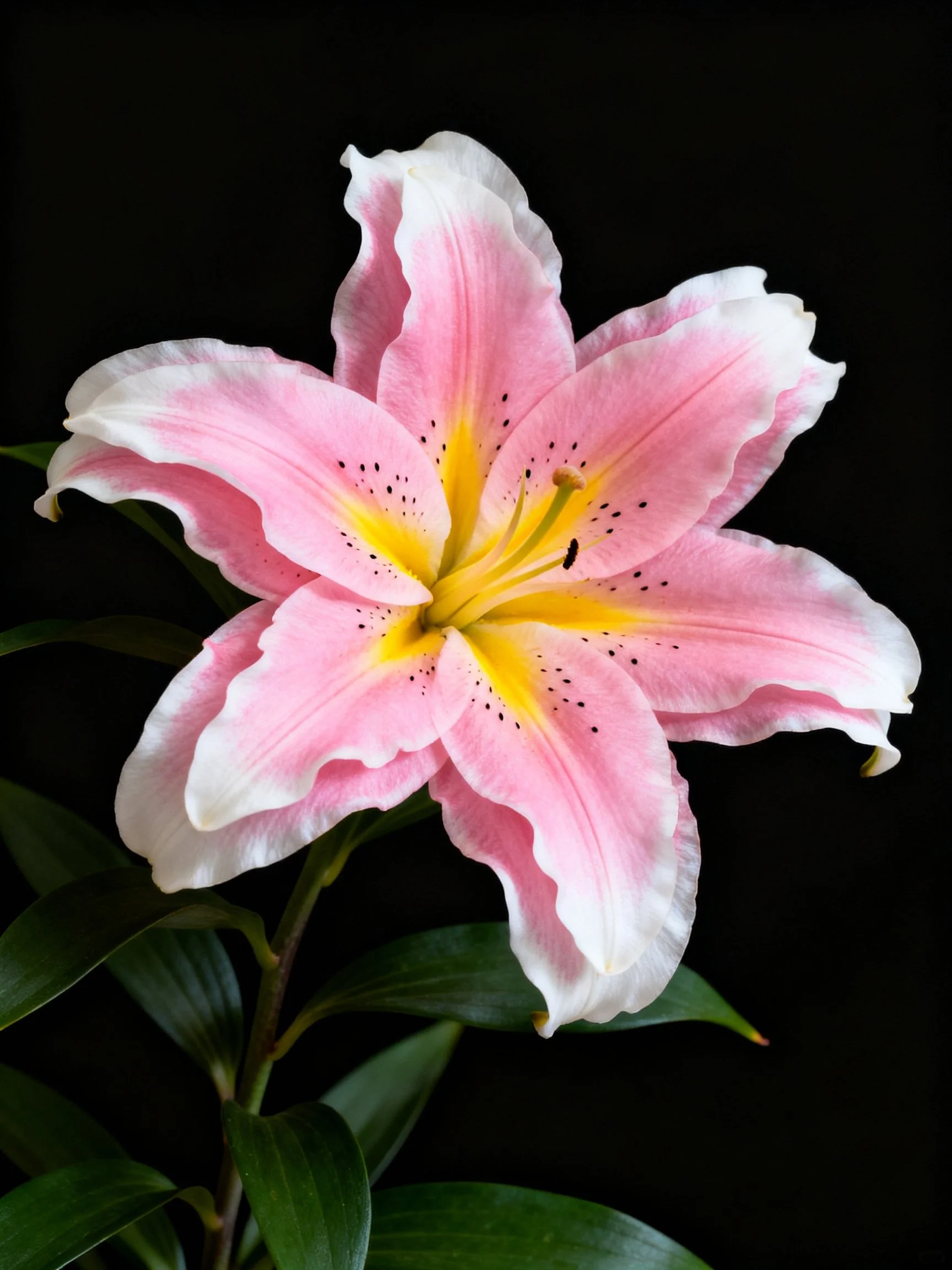 A pink and white lily with yellow center against a black background