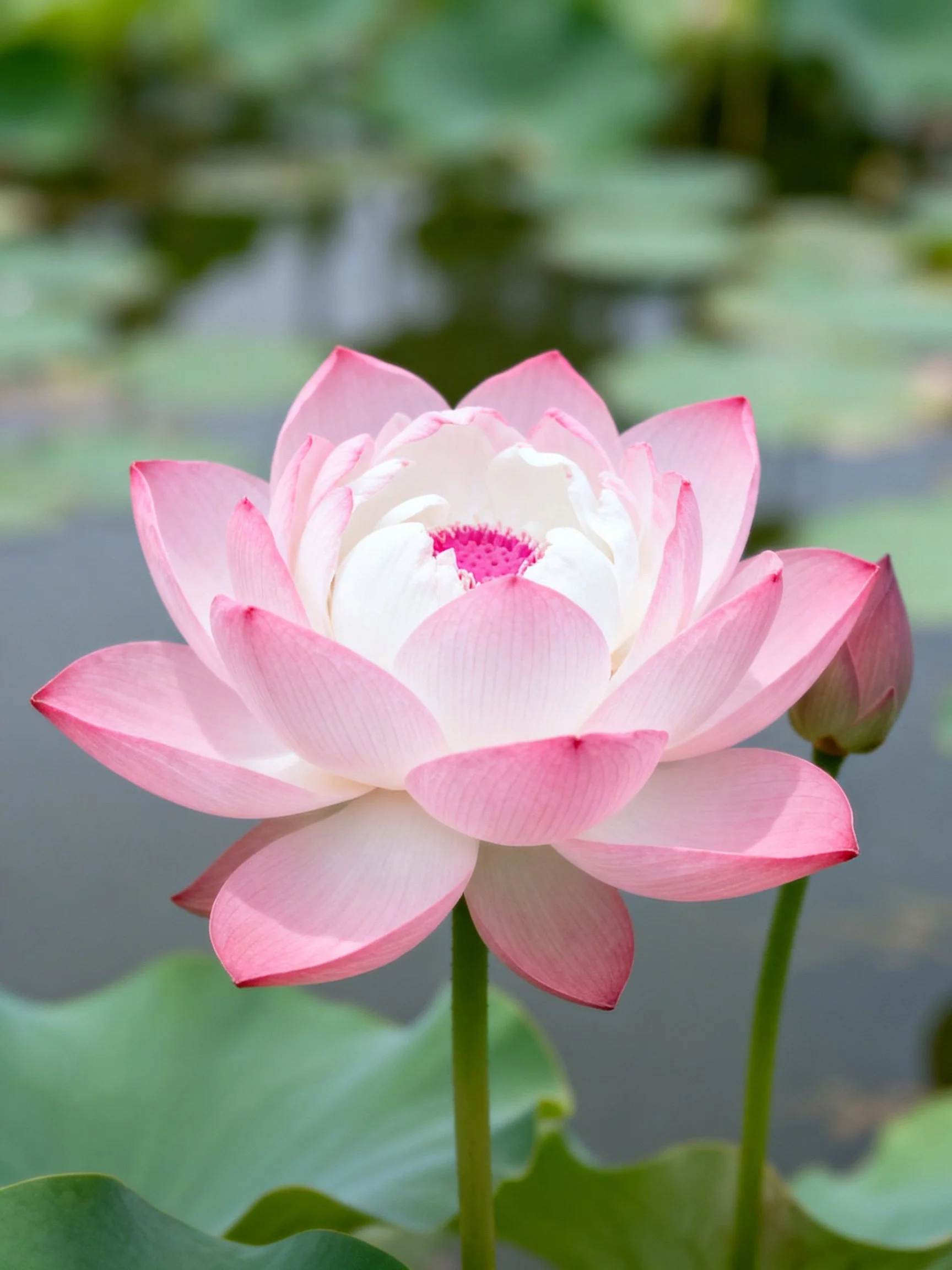 A pink and white lotus blooms beside a bud near green lily pads