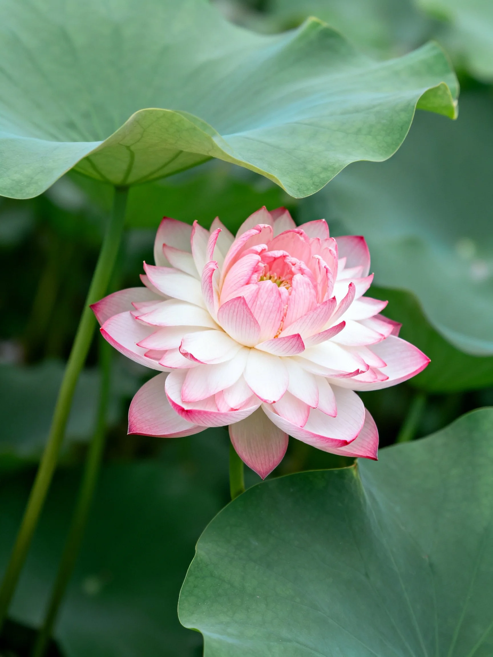 A pink and white lotus flower among large green leaves