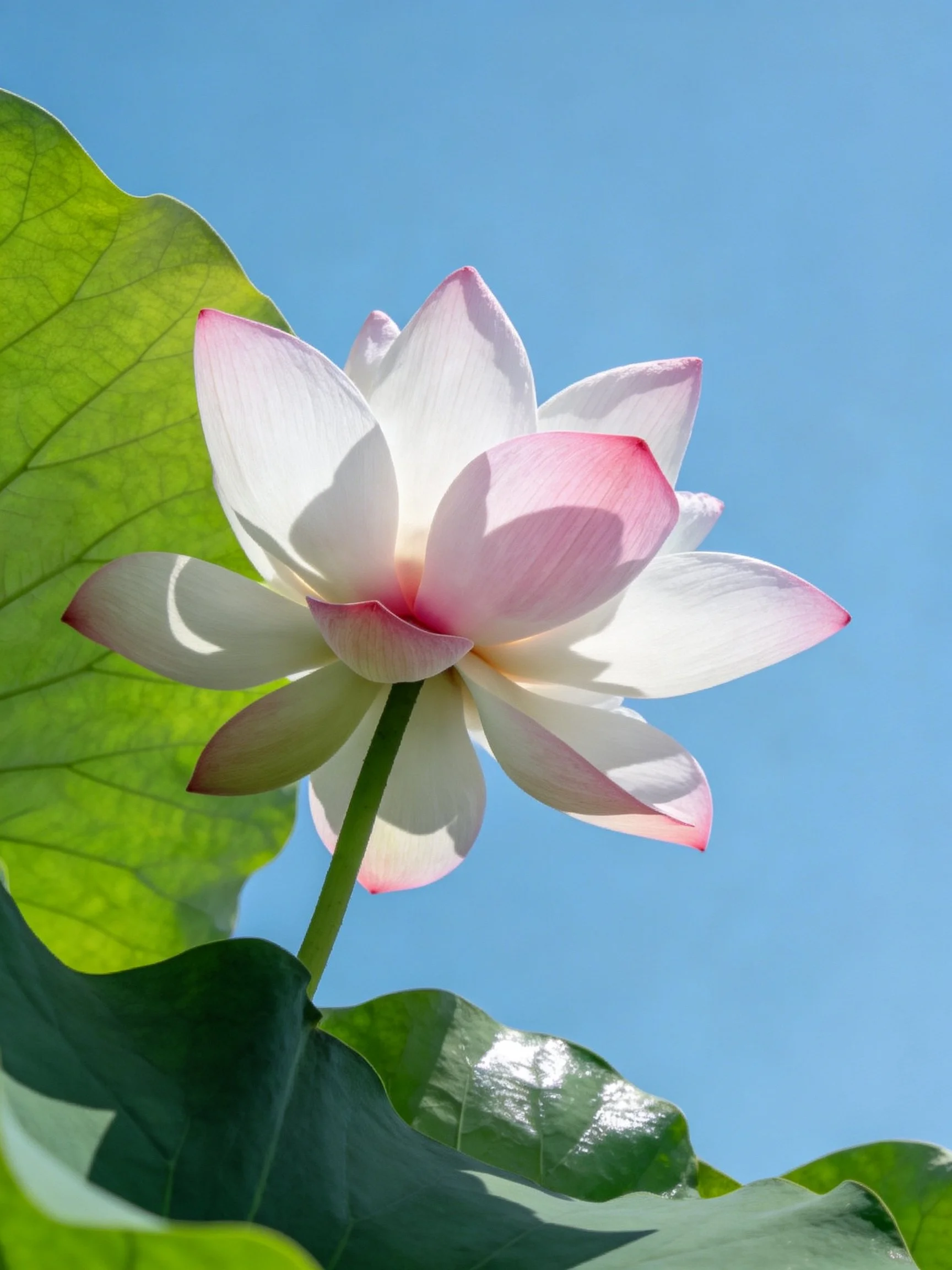 A pink and white lotus flower with broad green leaves under a clear blue sky