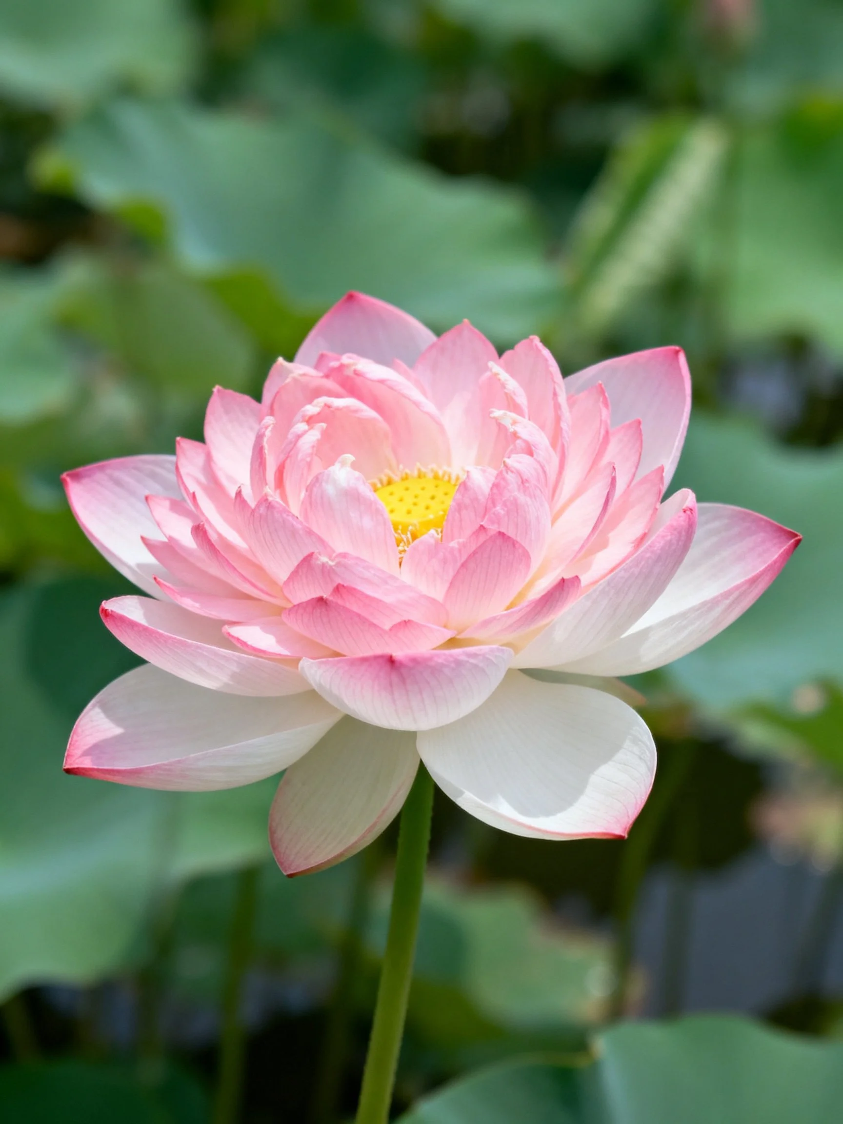 A pink and white lotus flower blooms among green foliage.
