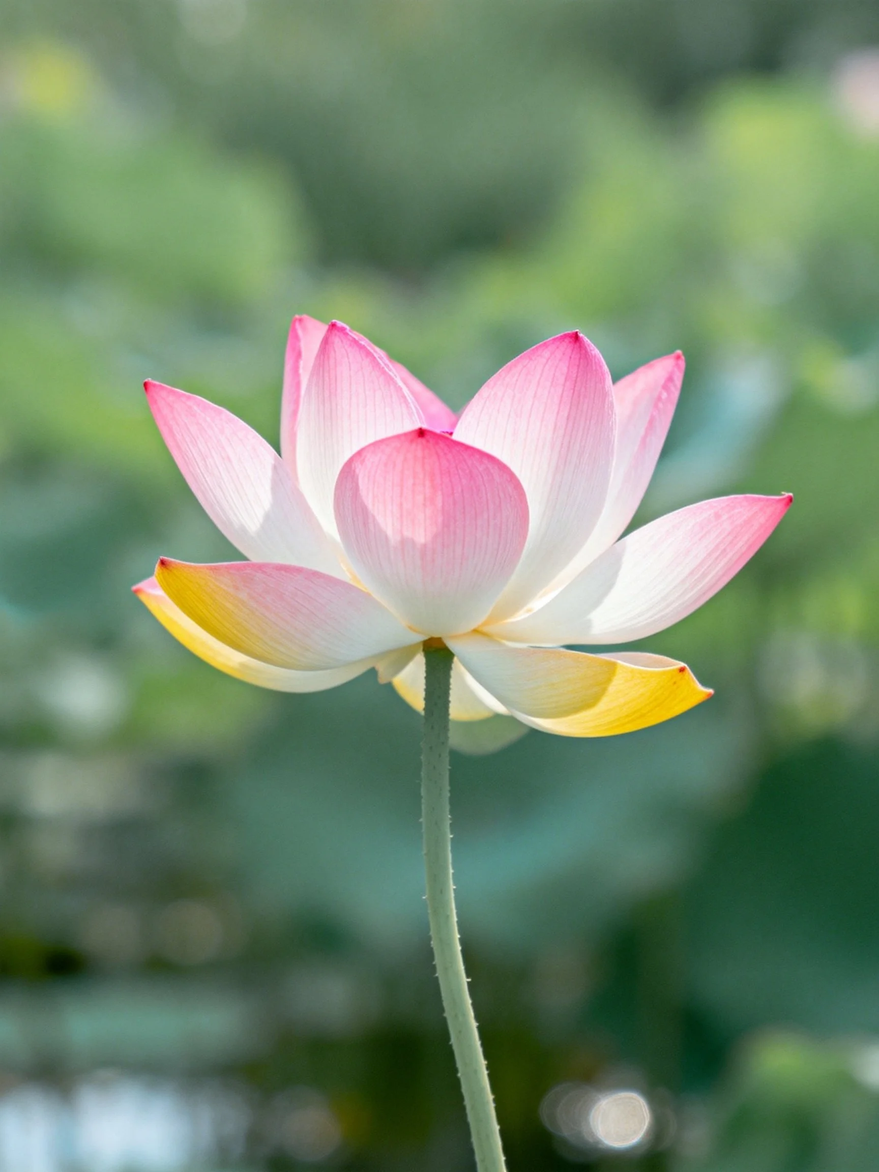 A pink and white lotus flower with yellow-tipped petals