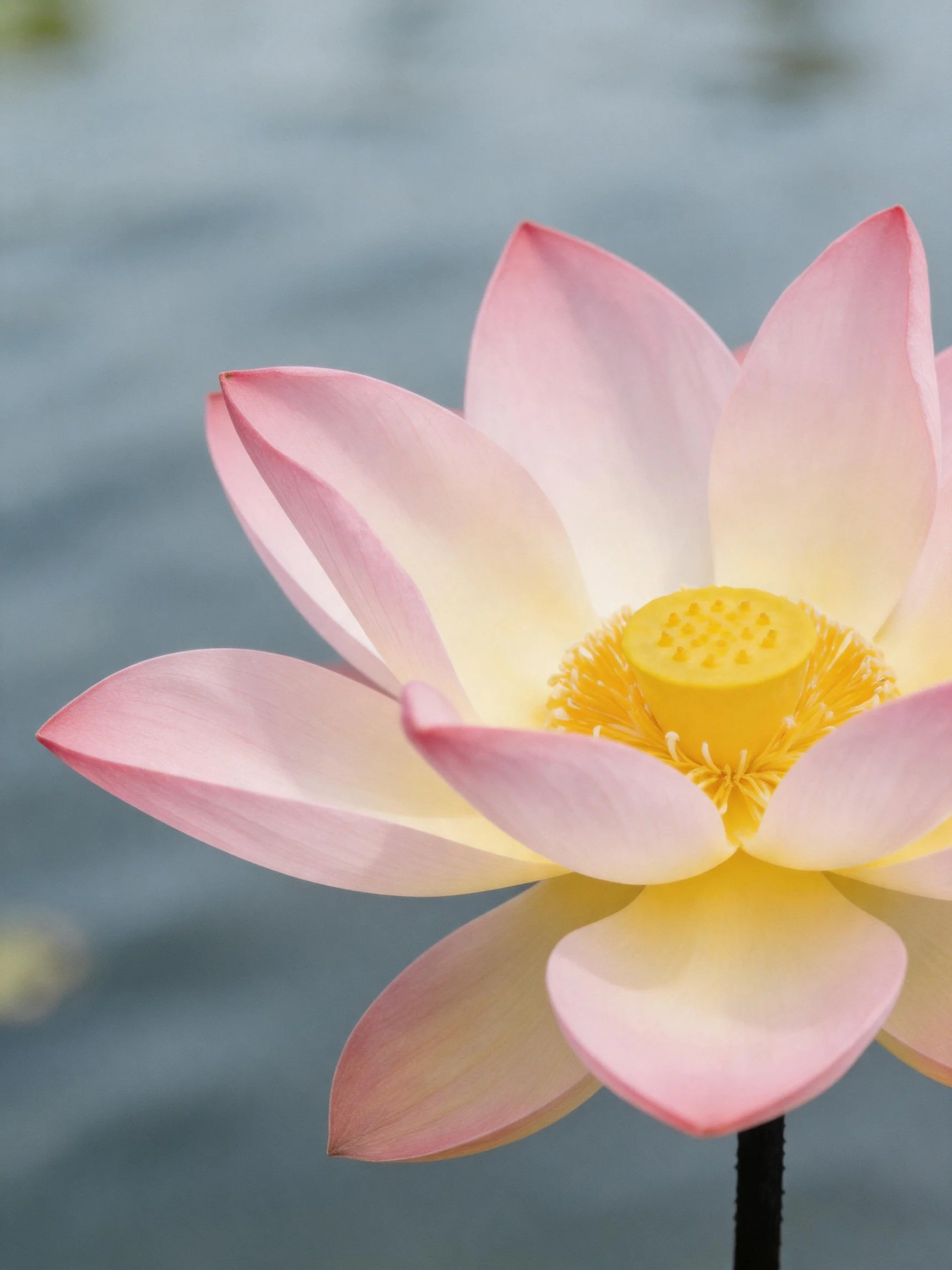A pink and white lotus with yellow center