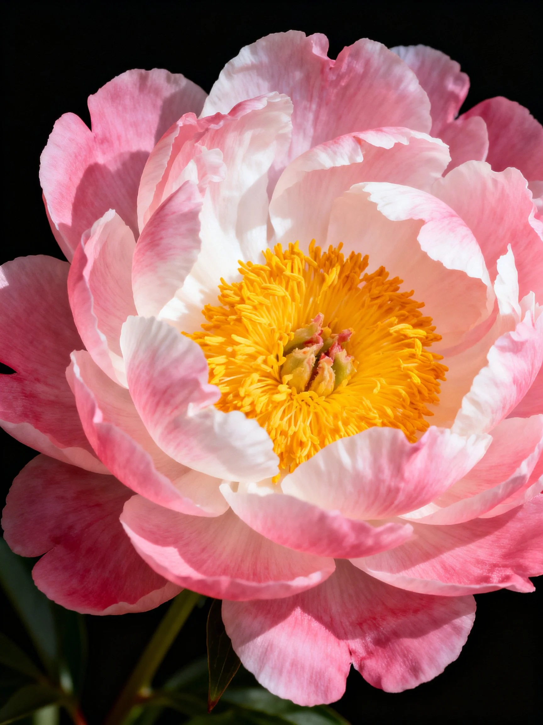 A pink and white peony blooms with a vibrant yellow center