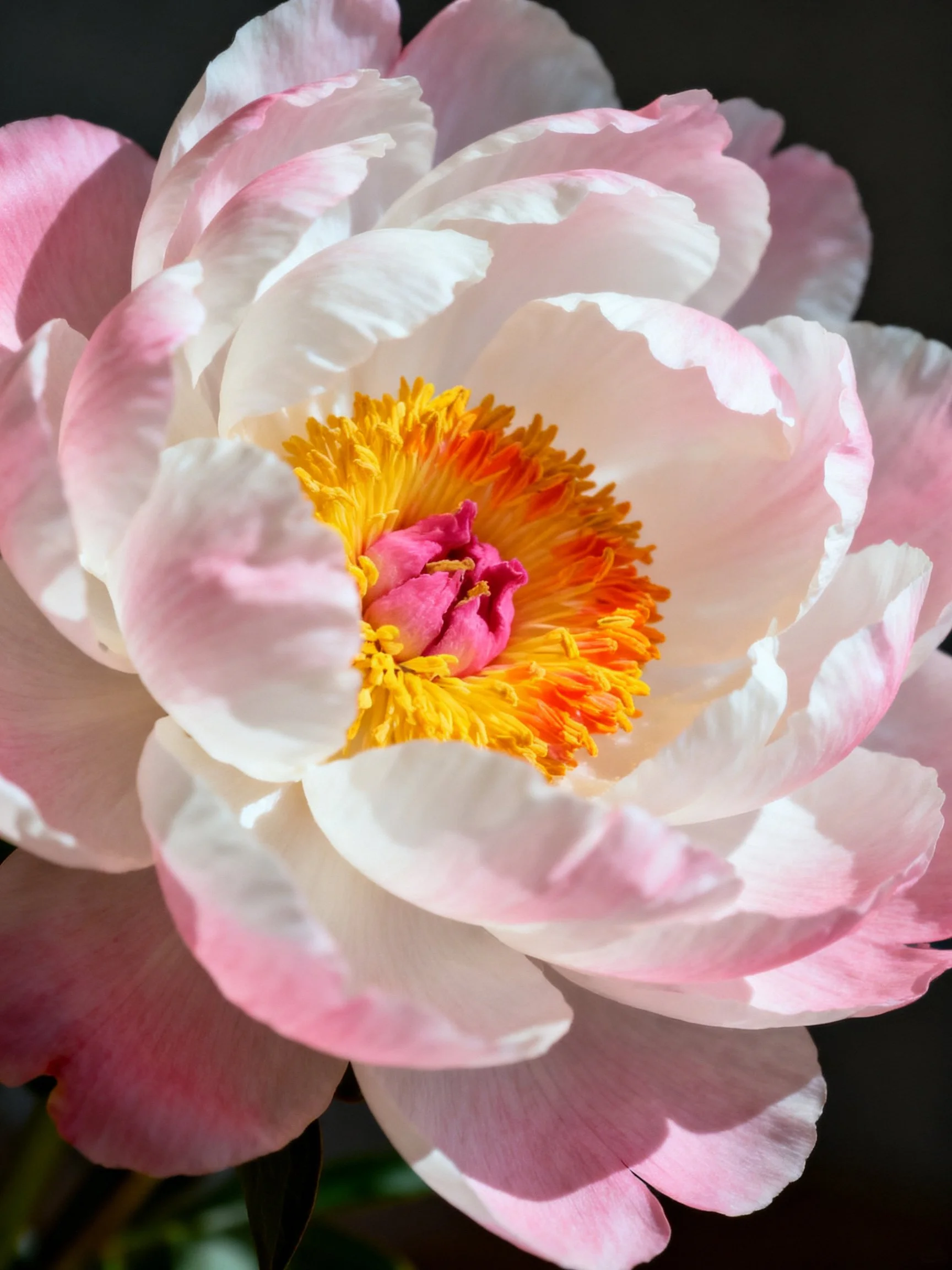 A pink and white peony with vibrant yellow-orange center