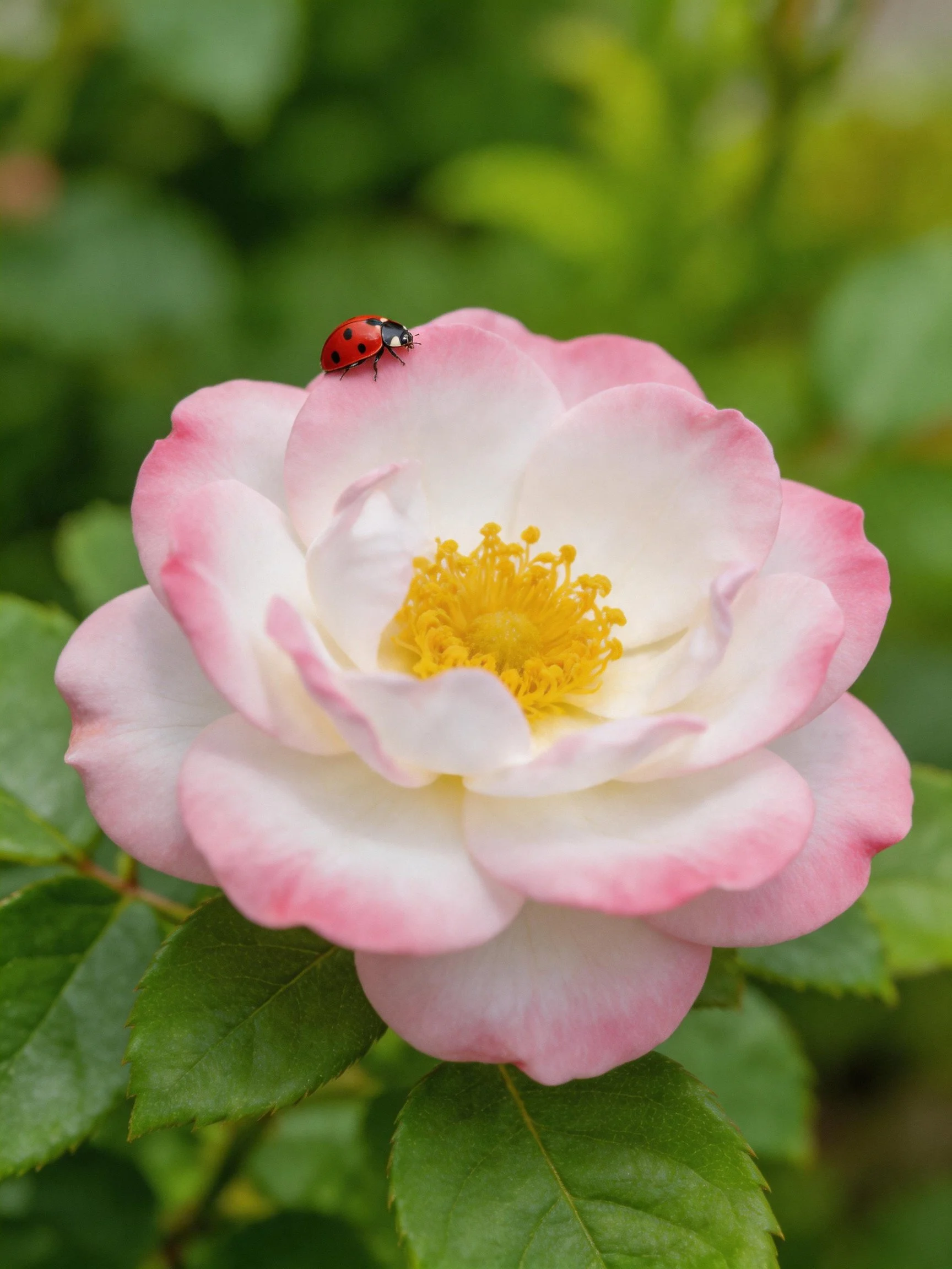 A pink and white rose with a red ladybug on its petal