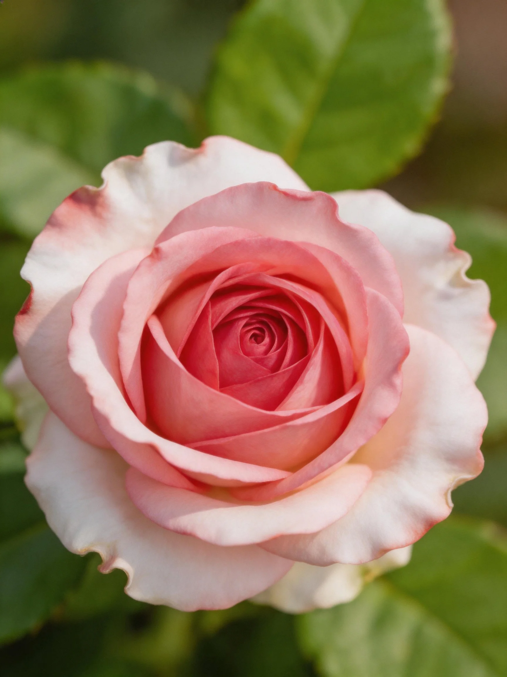 A pink and white rose with layered petals and green foliage