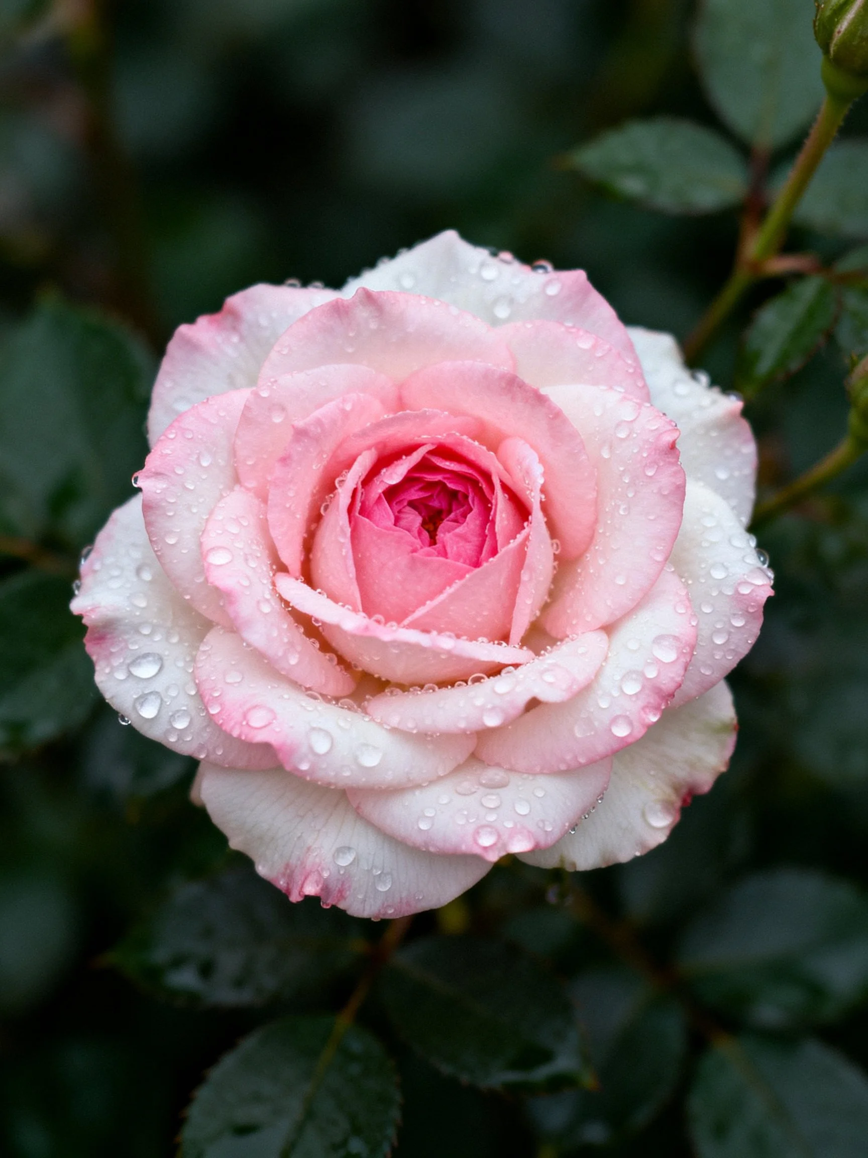 A pink and white rose with water droplets