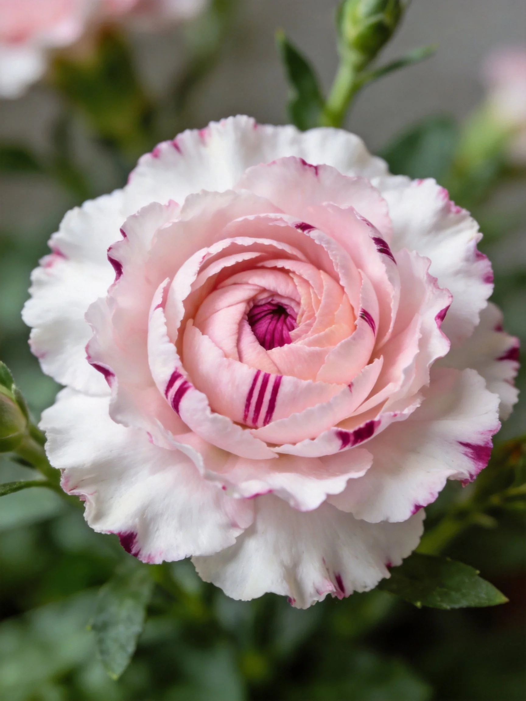 A pink and white striped carnation with layered petals