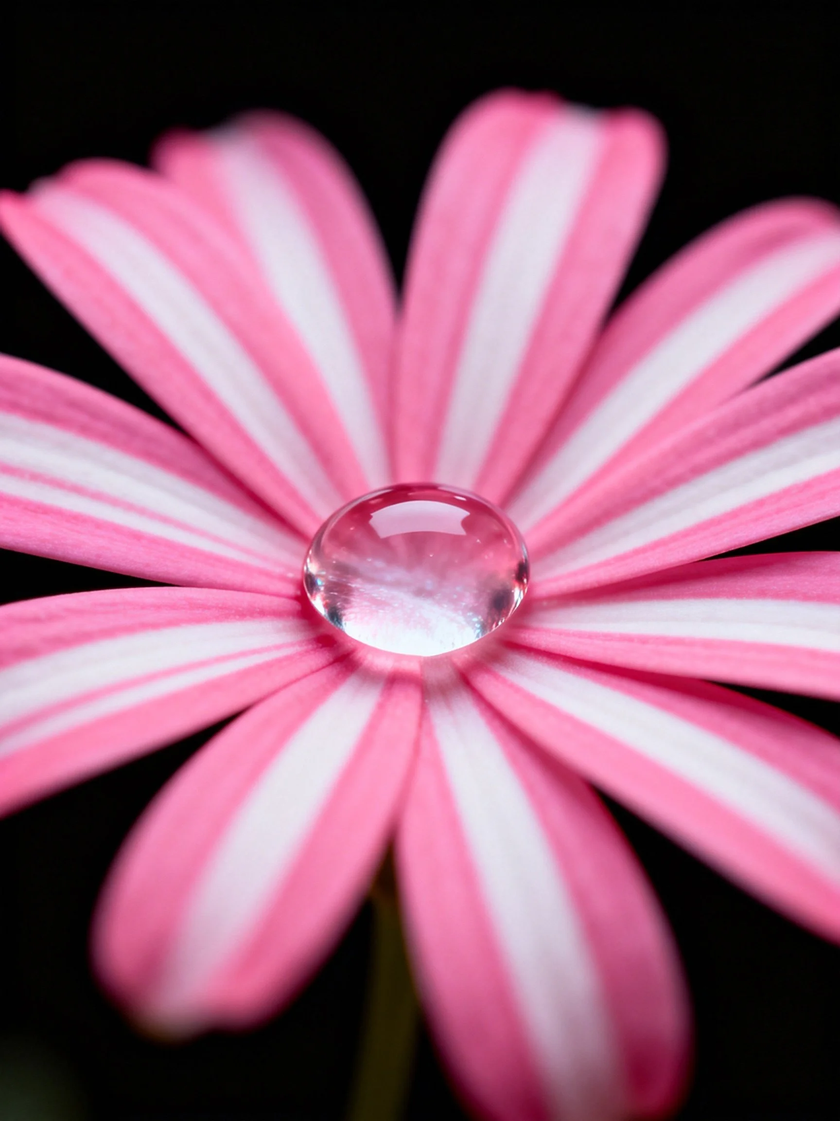 A pink and white striped flower with a central water droplet