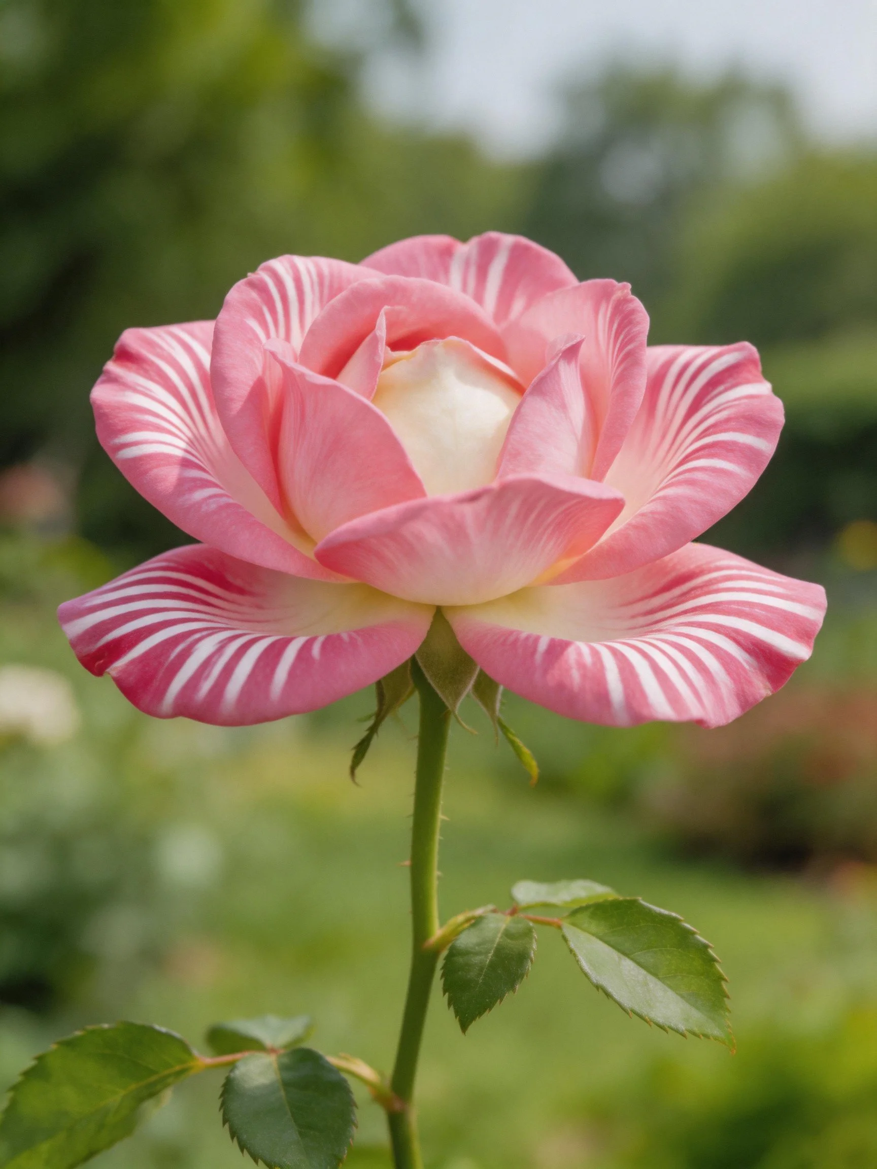 A pink and white striped rose blooming outdoors