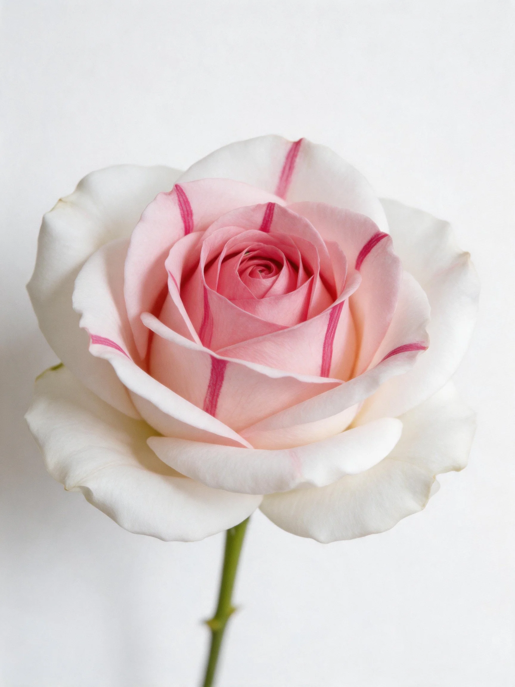 A pink and white striped rose with layered petals