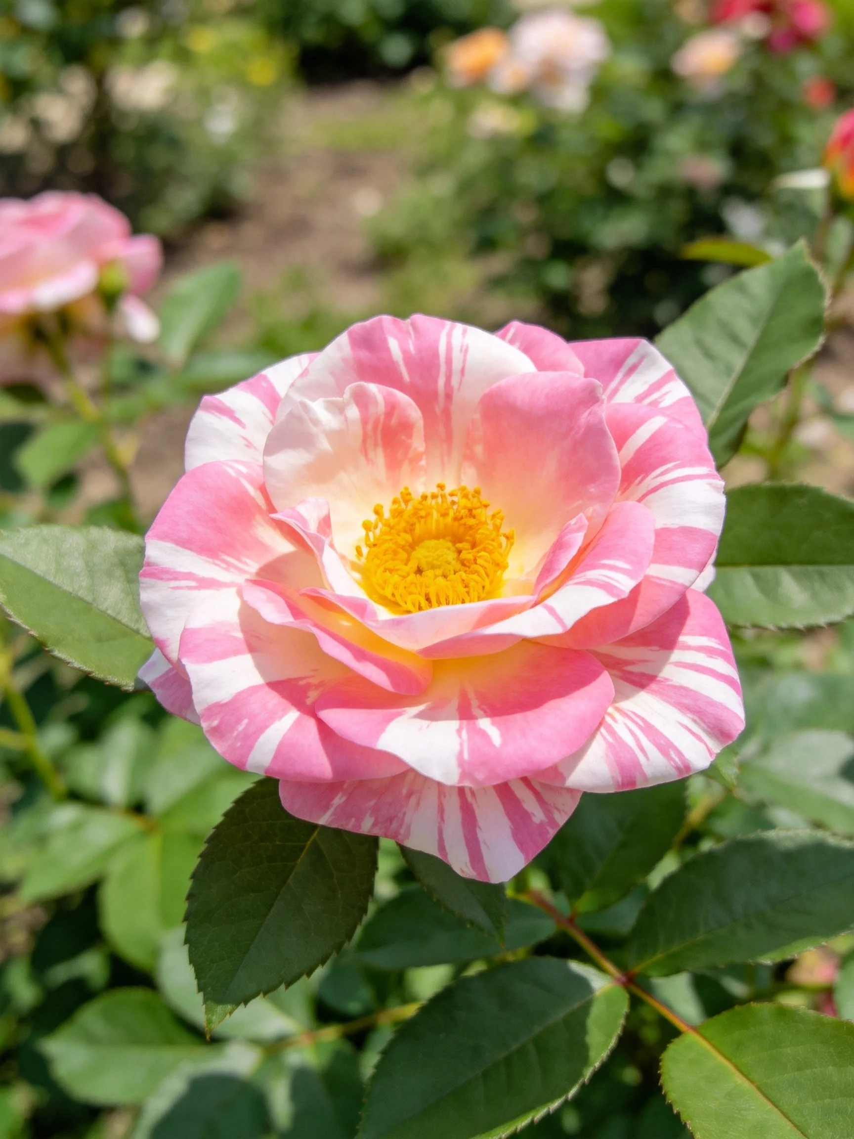A pink and white striped rose with yellow center