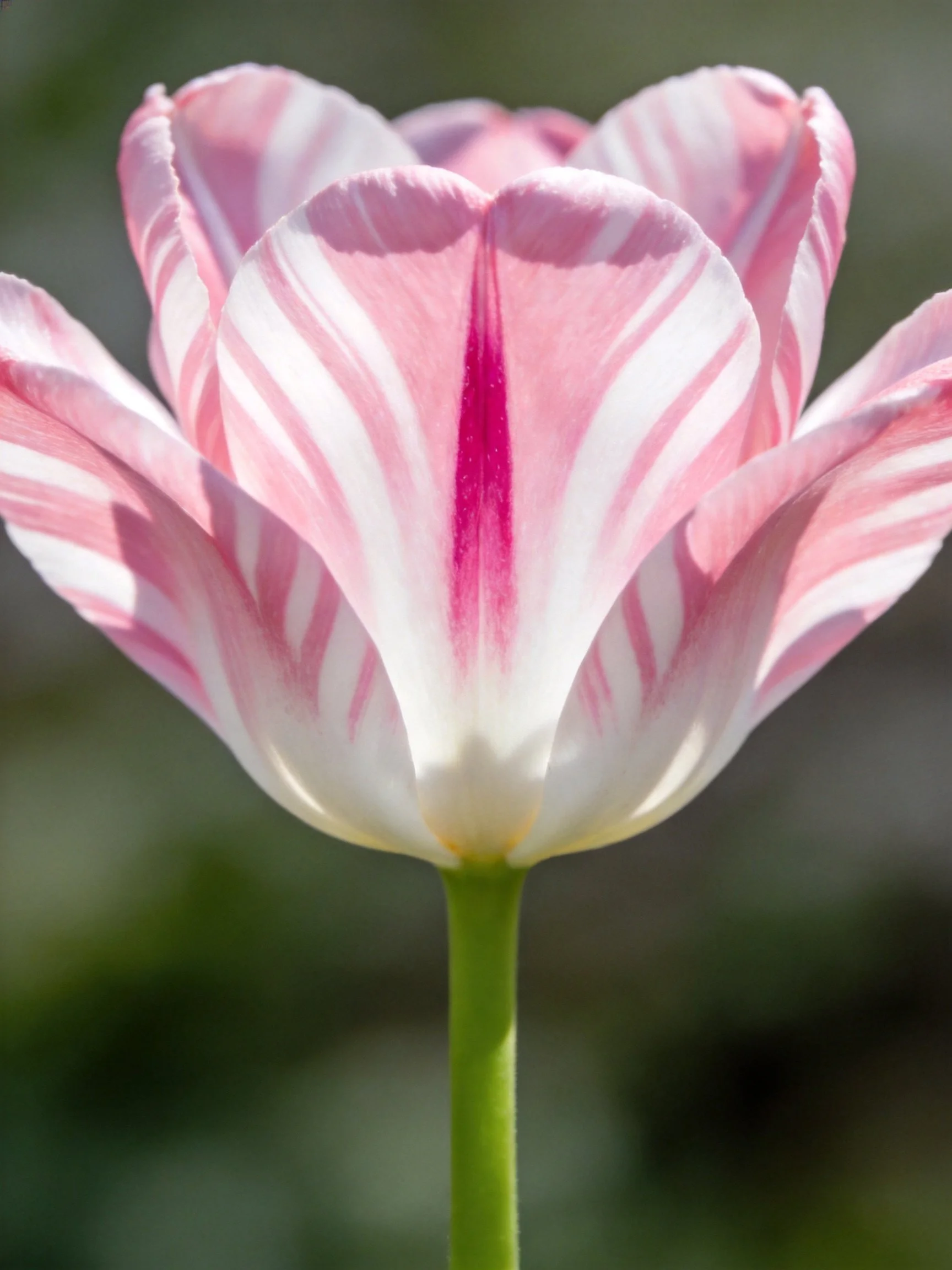 A pink and white striped tulip with a vivid central stripe