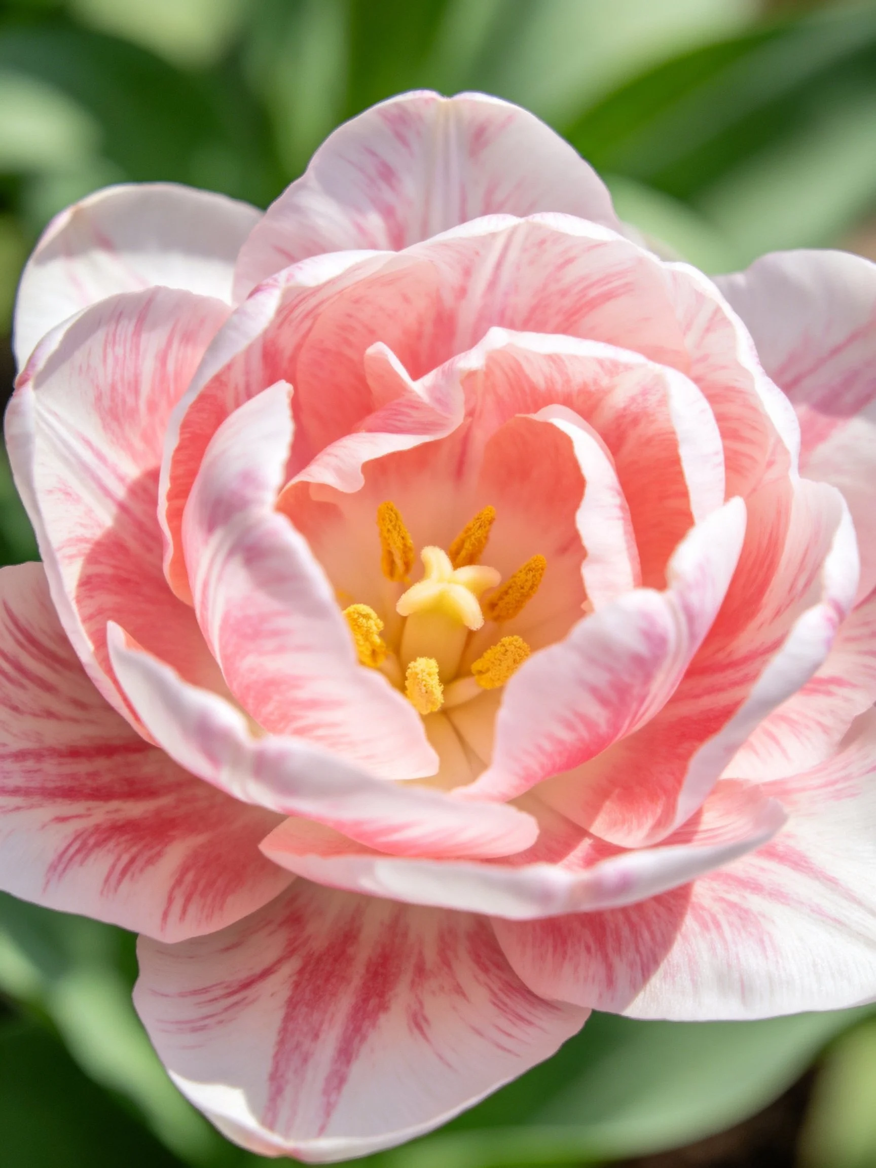 A pink and white striped tulip with yellow stamens