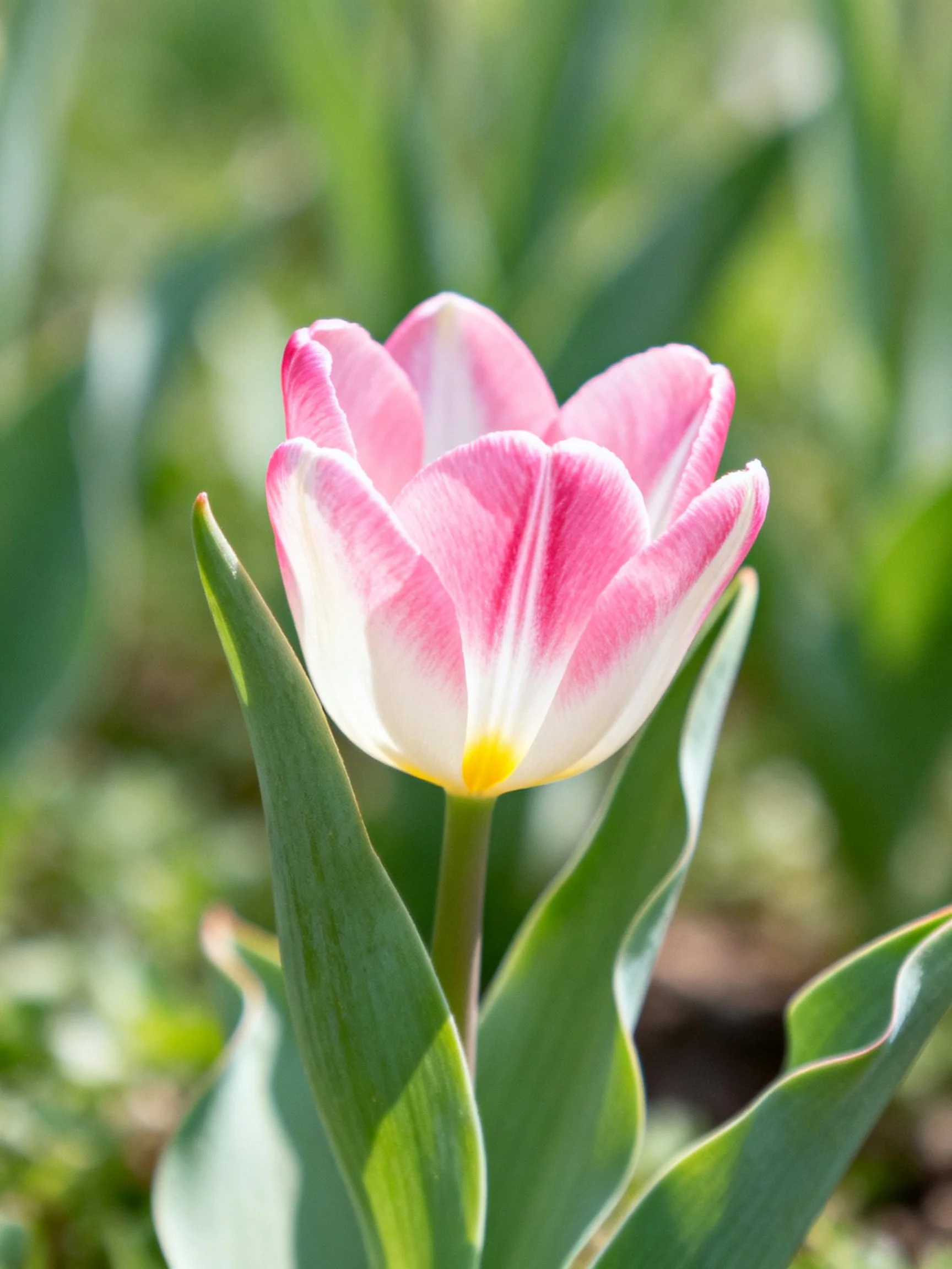 A pink and white tulip surrounded by green foliage