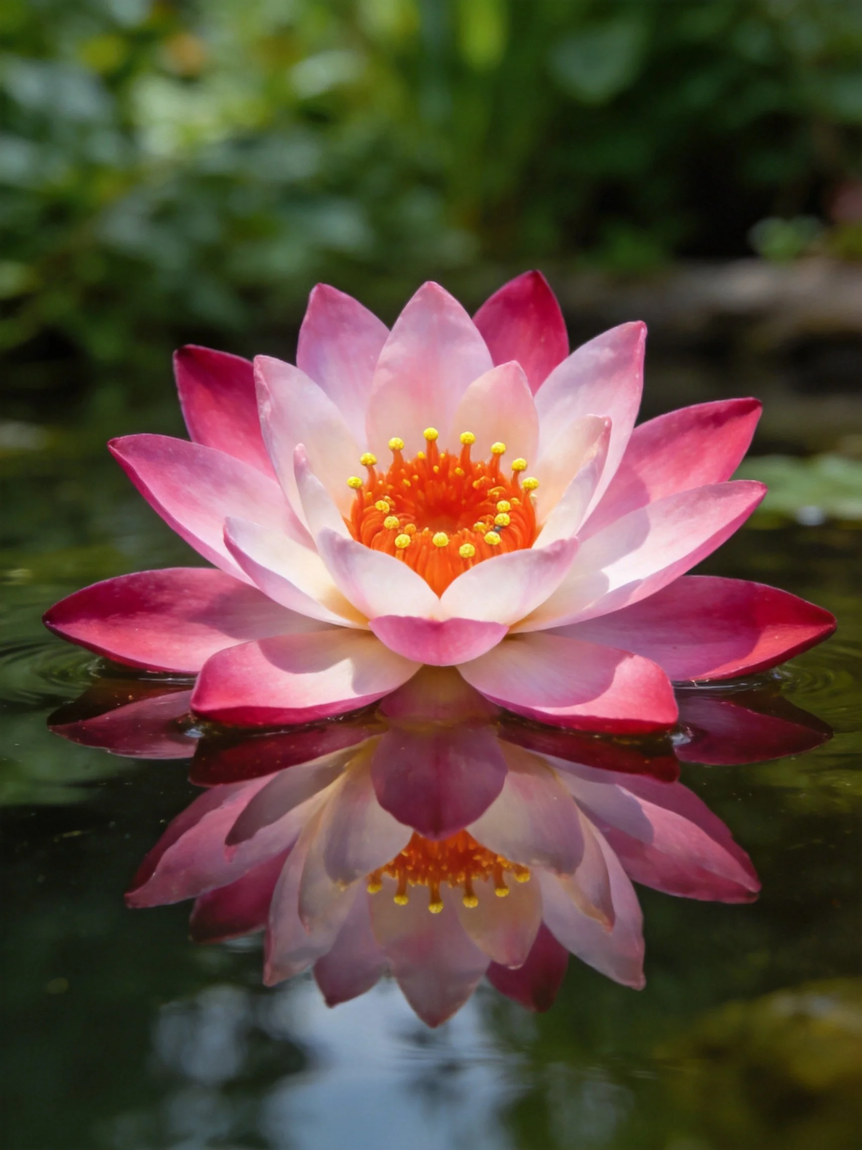 A pink and white water lily blooms on calm water with an orange center