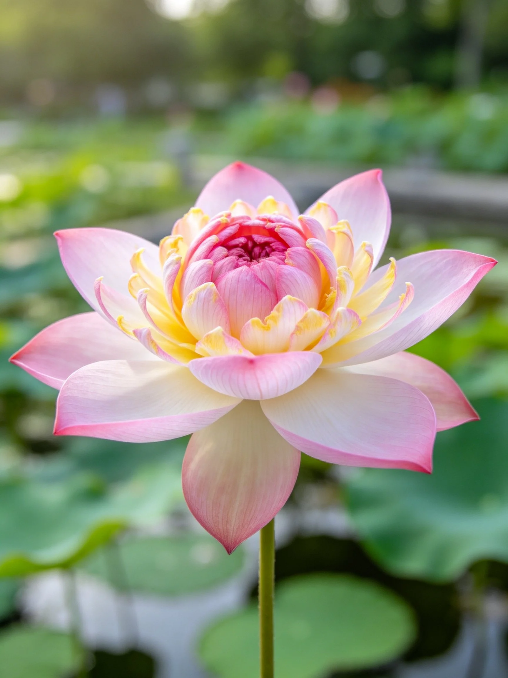 A pink and yellow blooming lotus flower in a lush garden