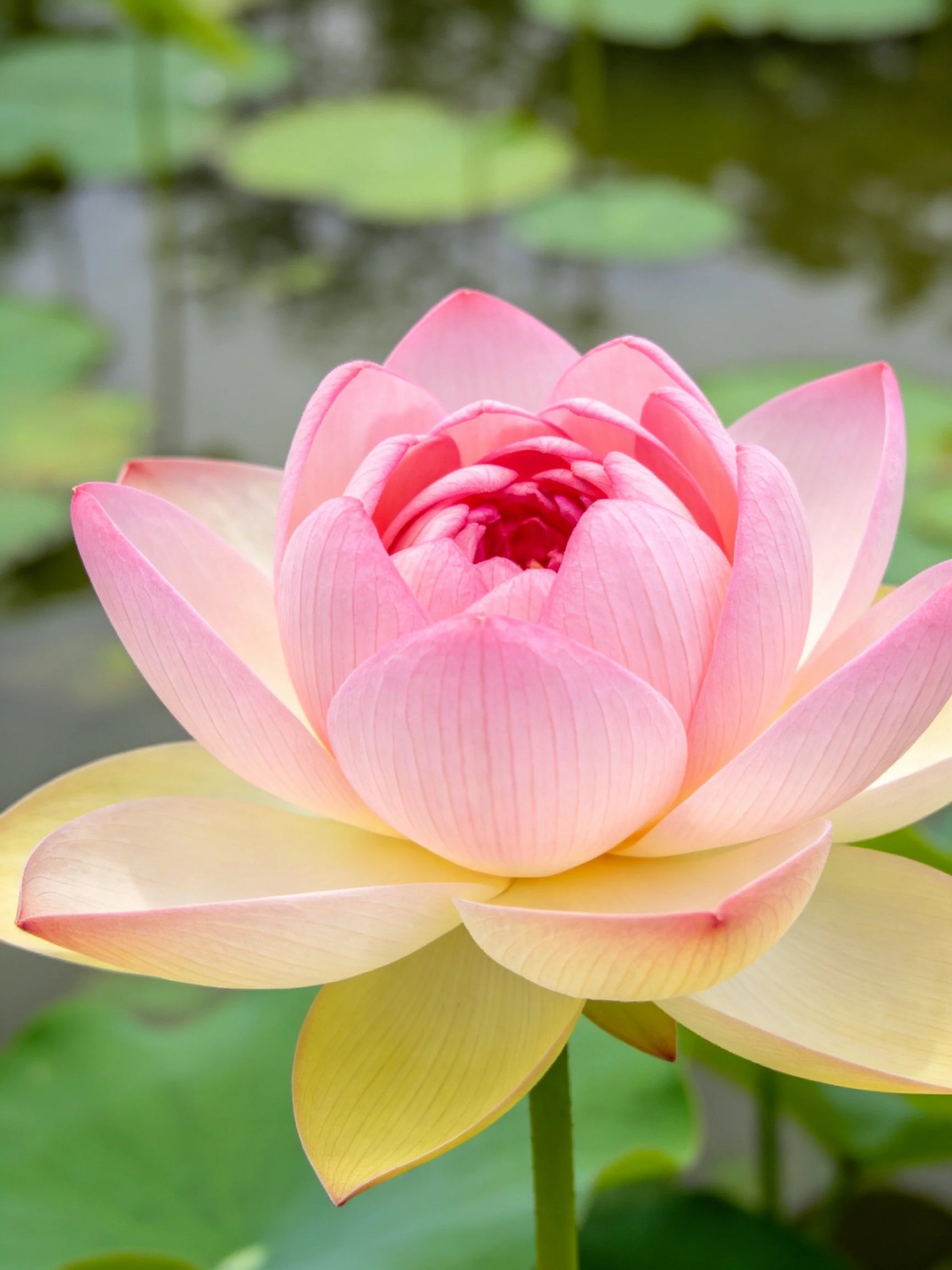A pink and yellow blooming lotus flower near green foliage