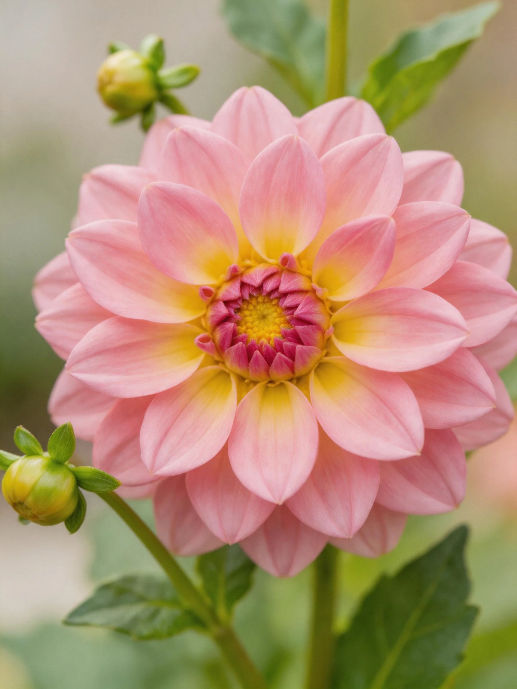 A pink and yellow dahlia with green buds and leaves
