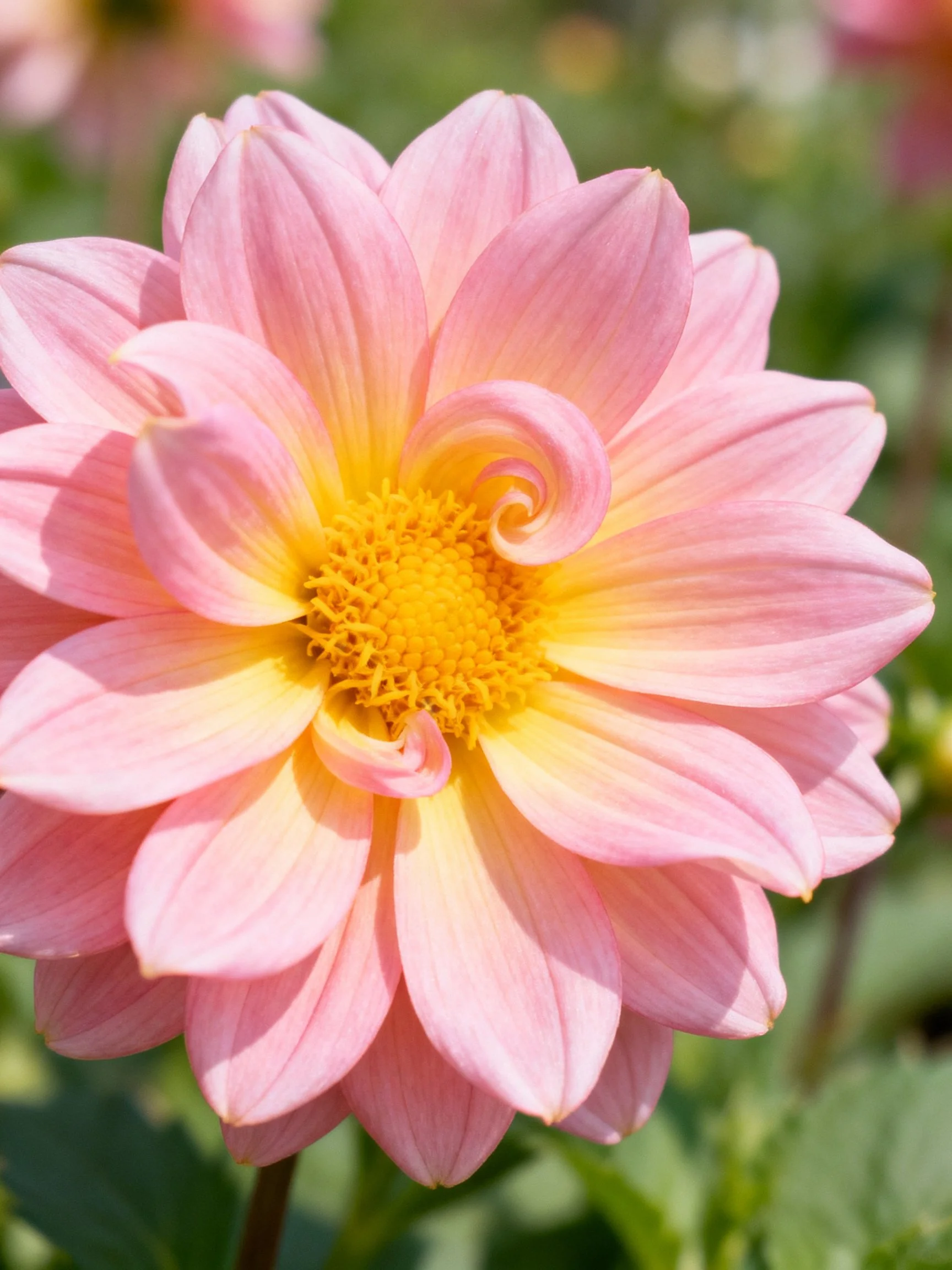 A pink and yellow dahlia with layered petals and golden center