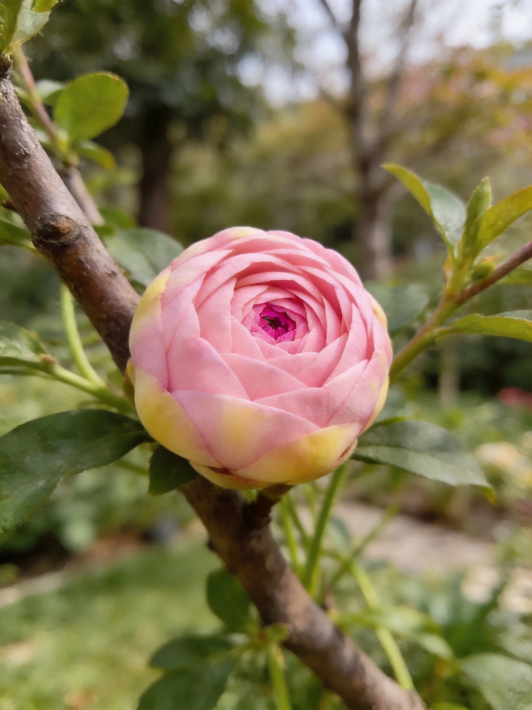 A pink and yellow flower bud on a tree branch