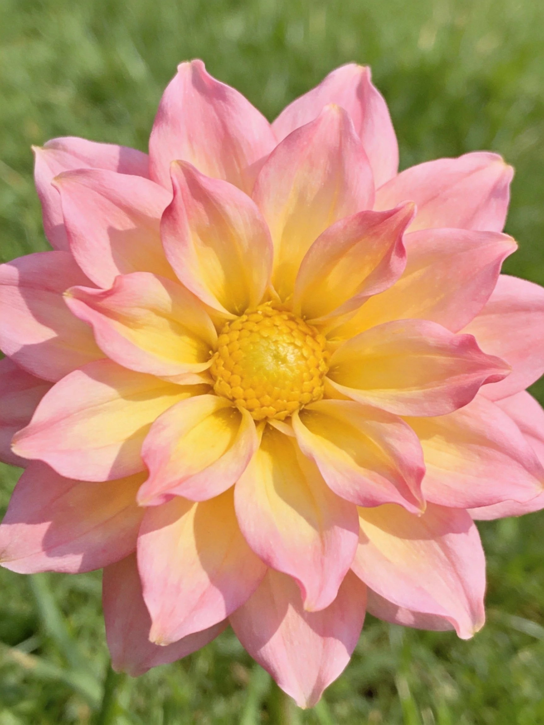 A pink and yellow layered flower with golden center