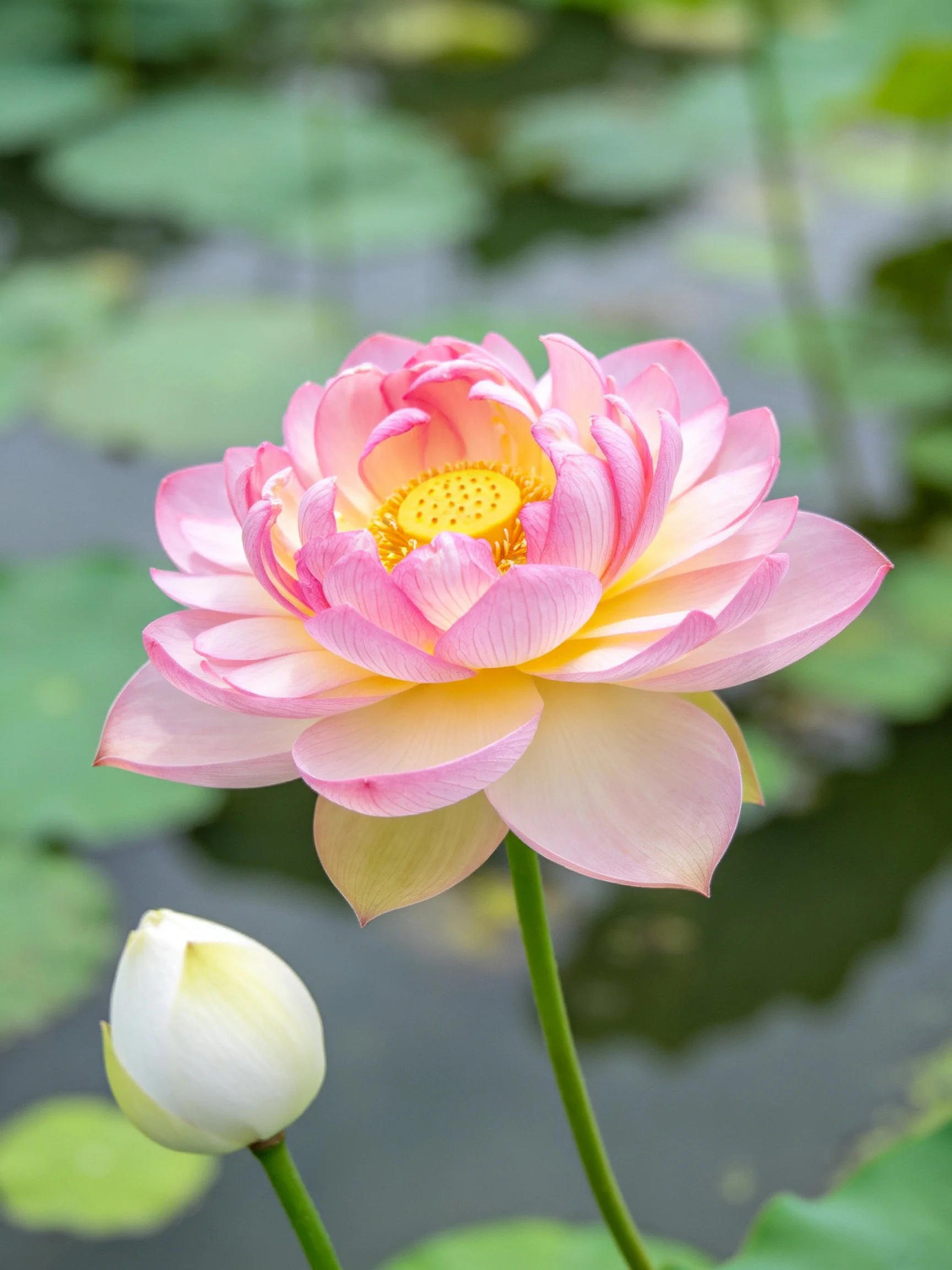 A pink and yellow lotus blooms beside a white bud near lily pads