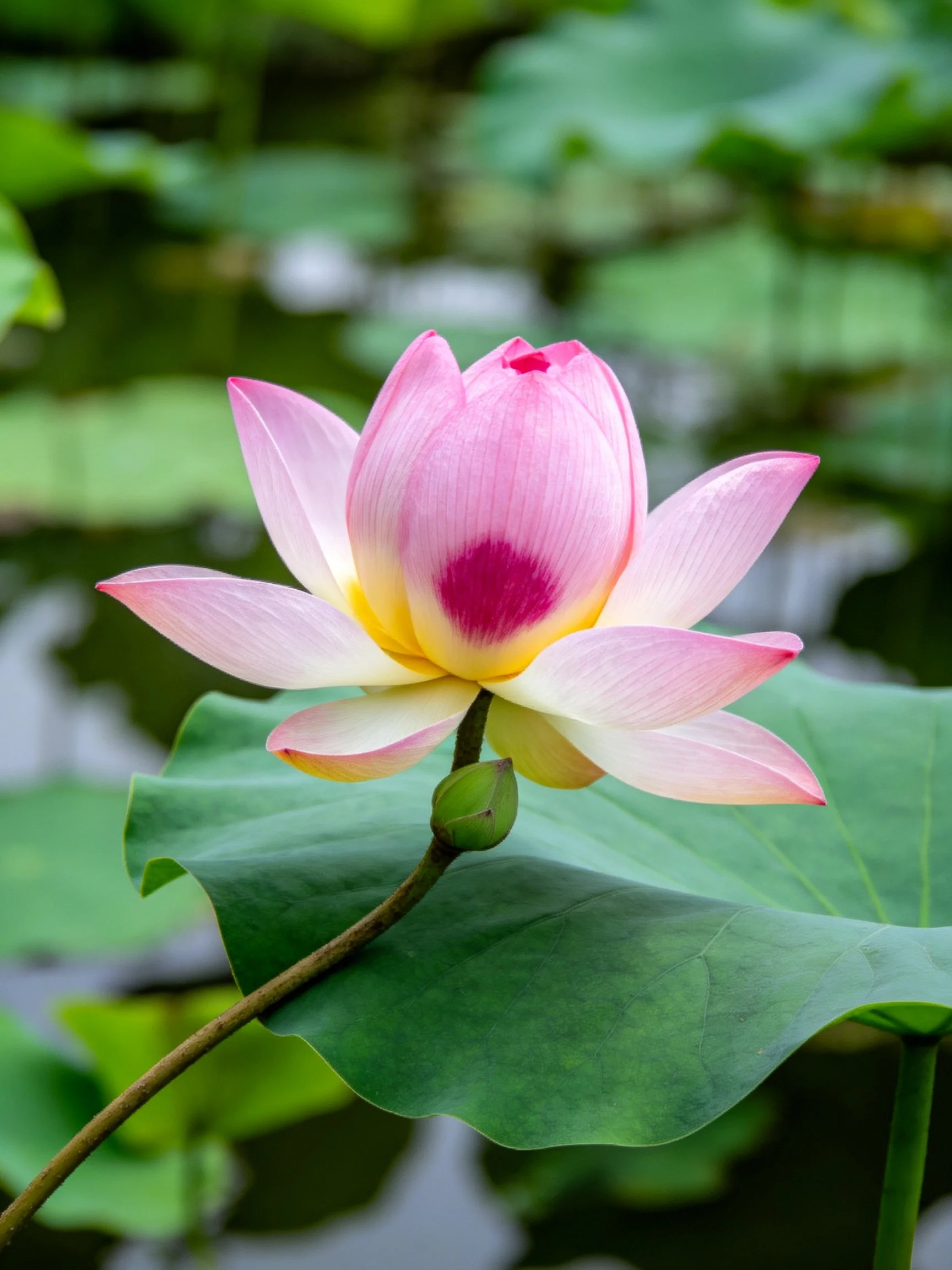 A pink and yellow lotus flower with green leaves