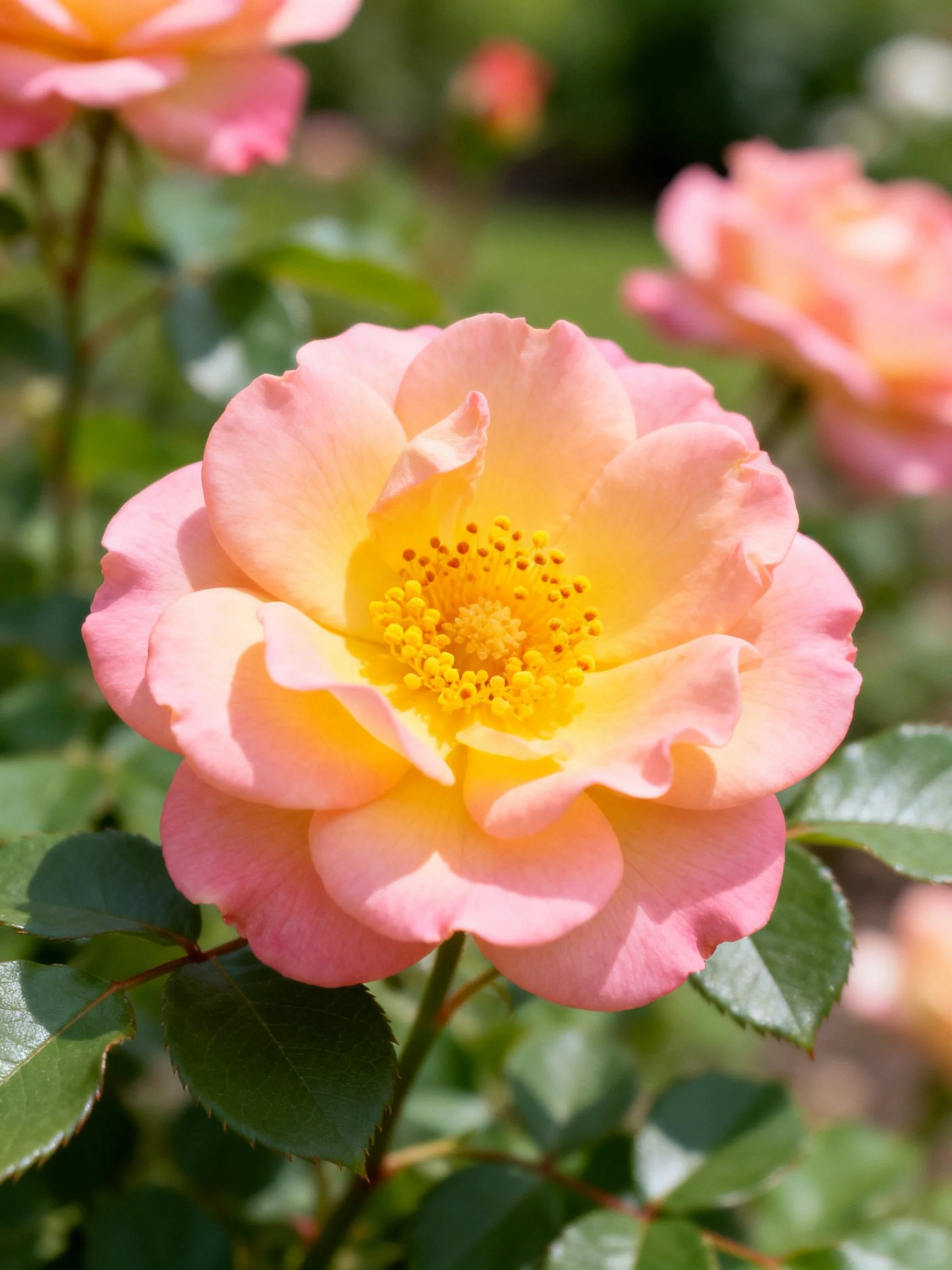 A pink and yellow rose blooms amidst green foliage