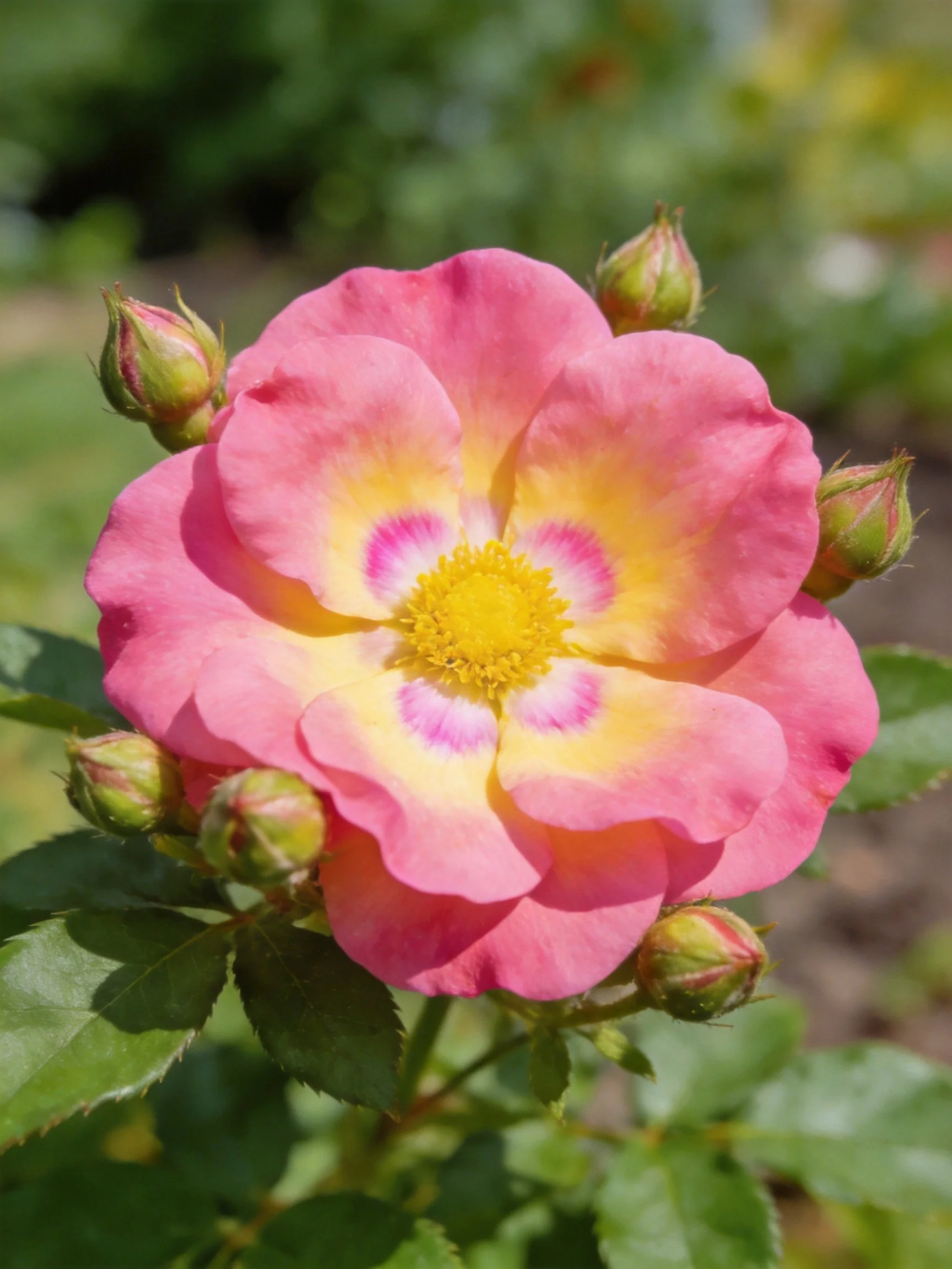 A pink and yellow rose surrounded by green flower buds in a garden