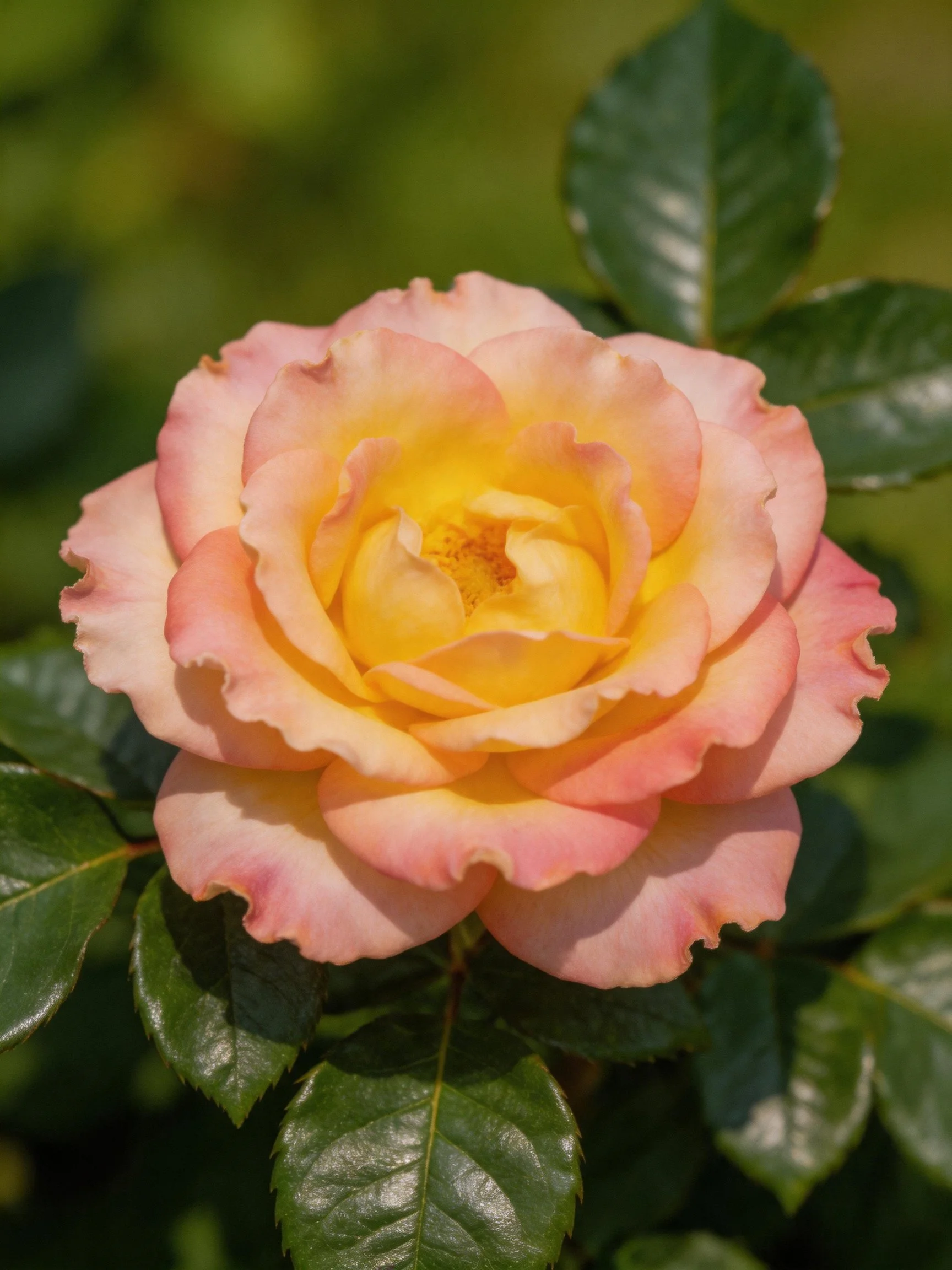 A pink and yellow rose with glossy green leaves