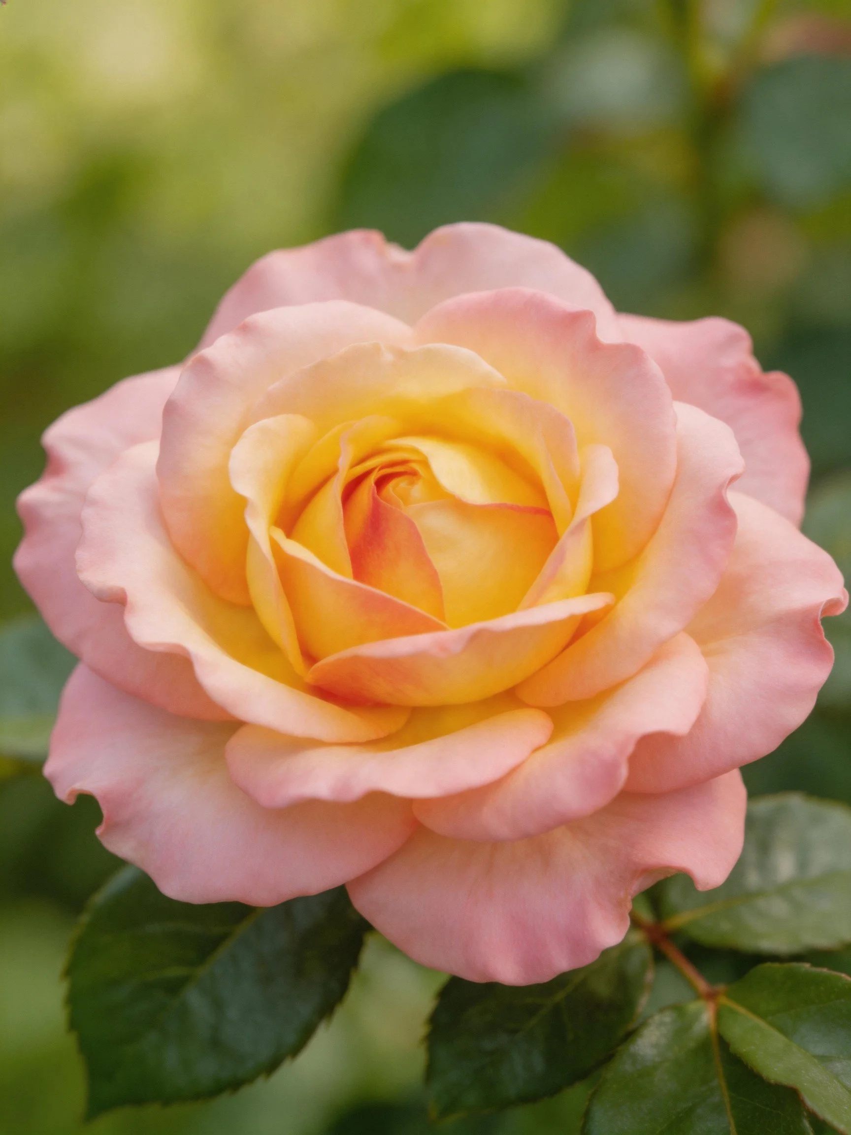 A pink and yellow rose with green foliage in soft focus