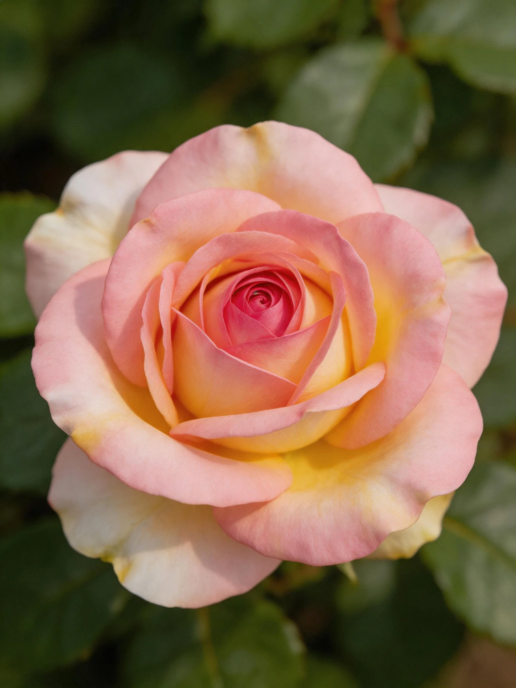 A pink and yellow rose with layered petals amid green foliage