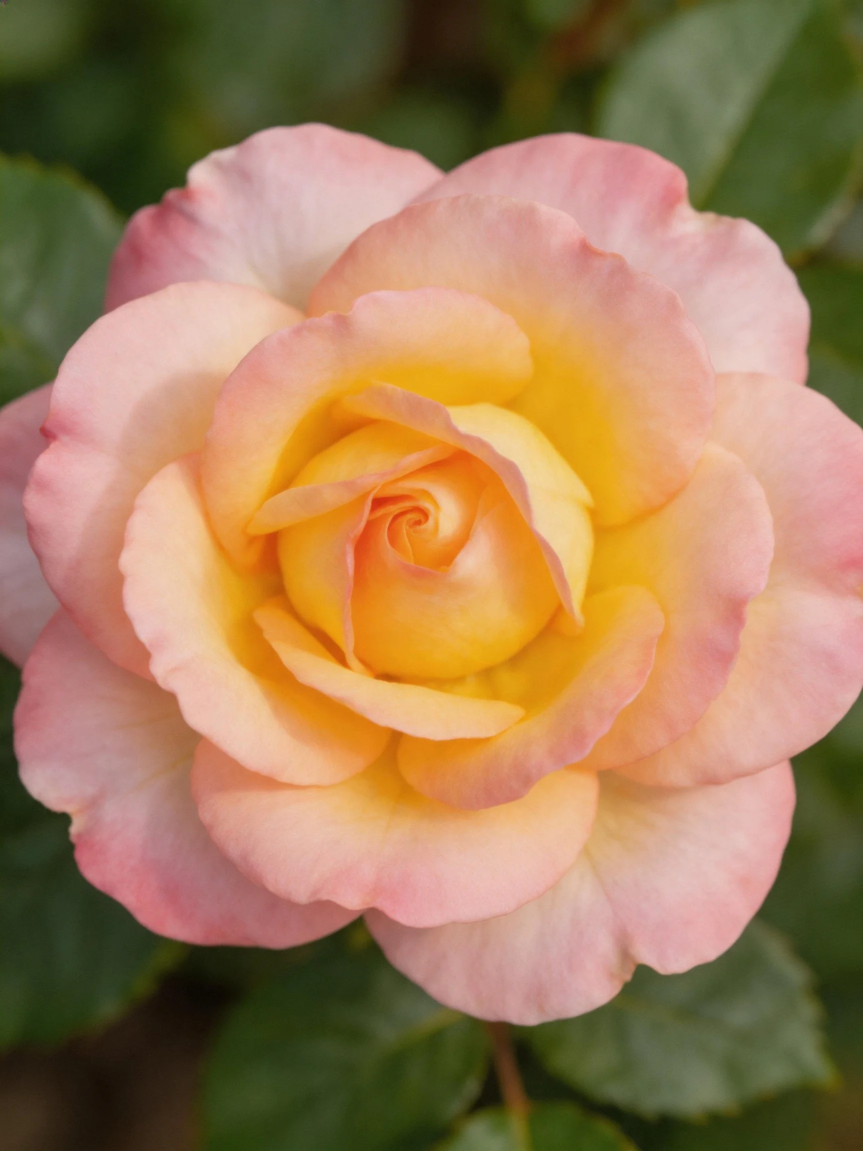 A pink and yellow rose with layered petals and green foliage