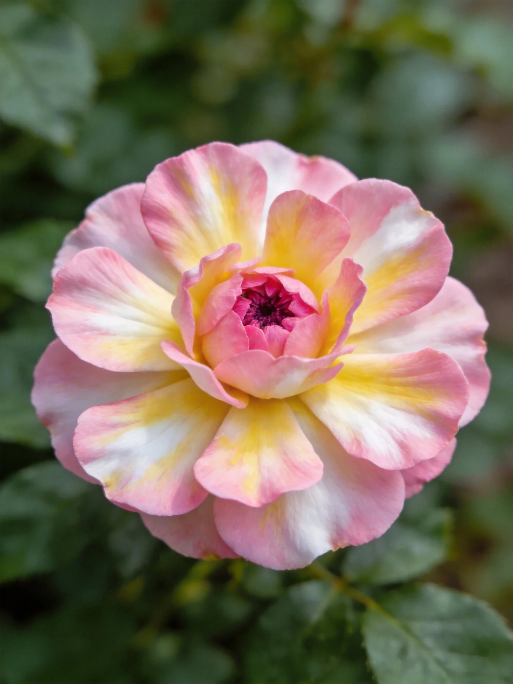 A pink and yellow rose with layered petals
