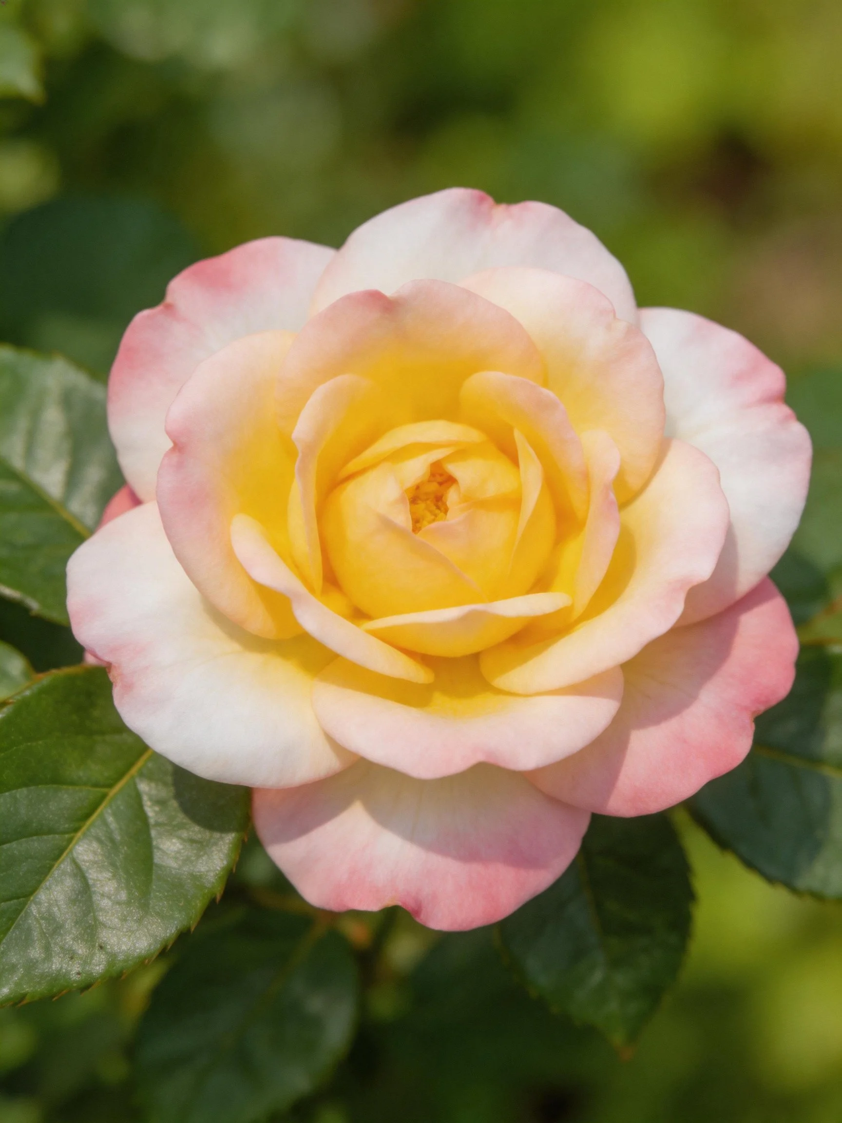 A pink and yellow rose with layered petals