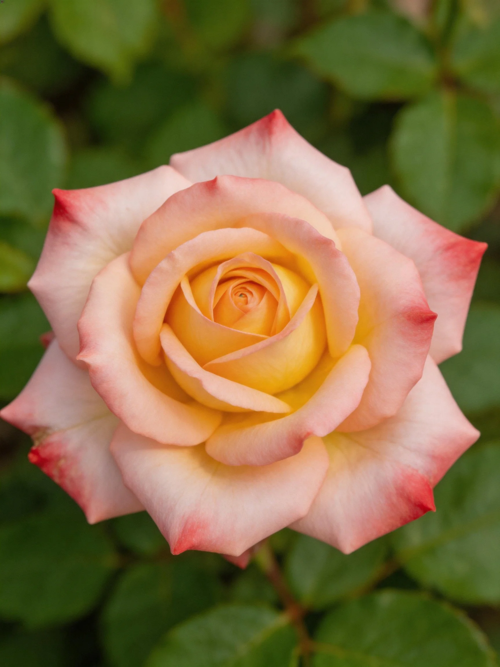 A pink and yellow rose with red-tipped petals against green foliage