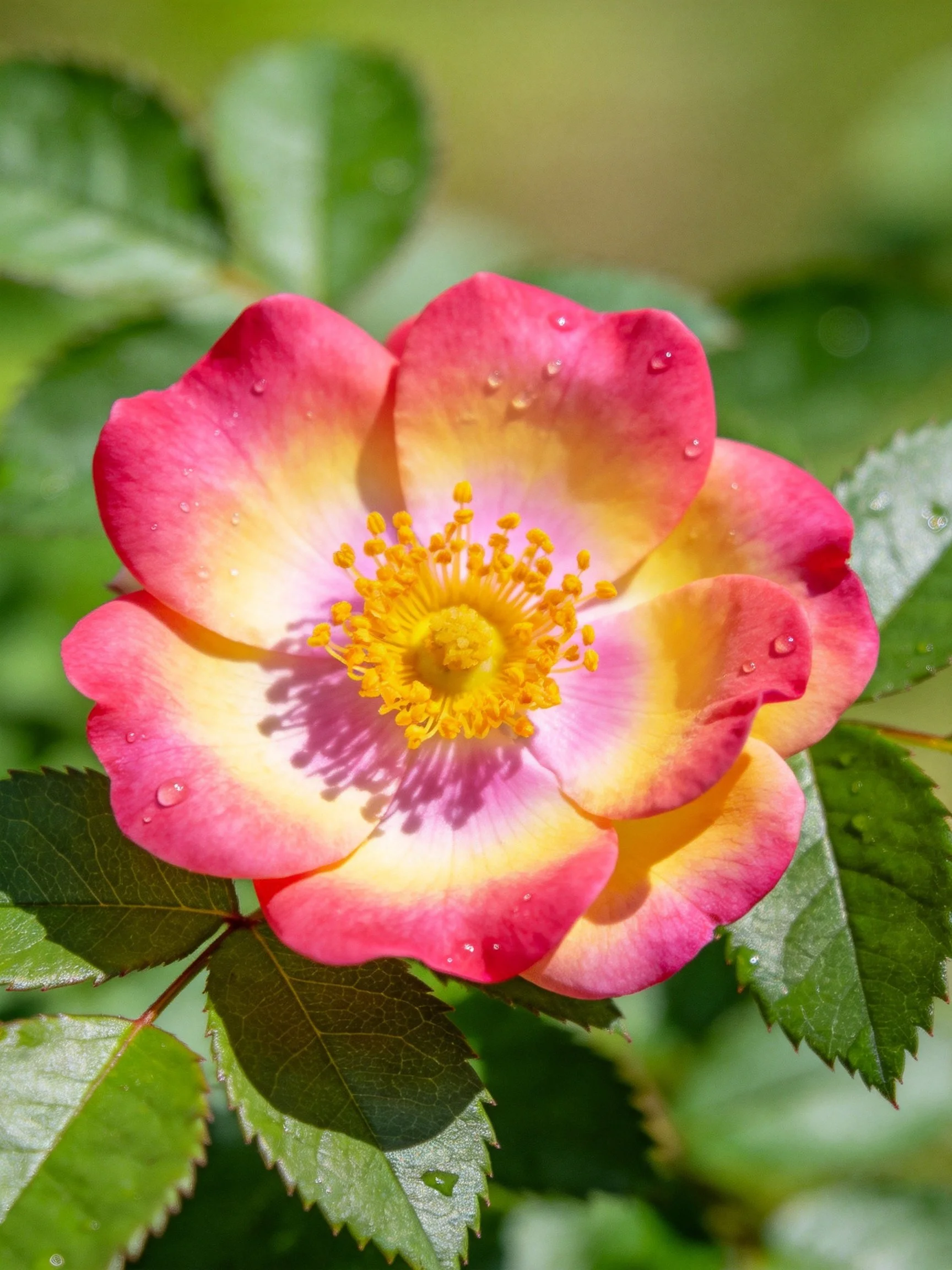 A pink and yellow rose with water droplets among green leaves