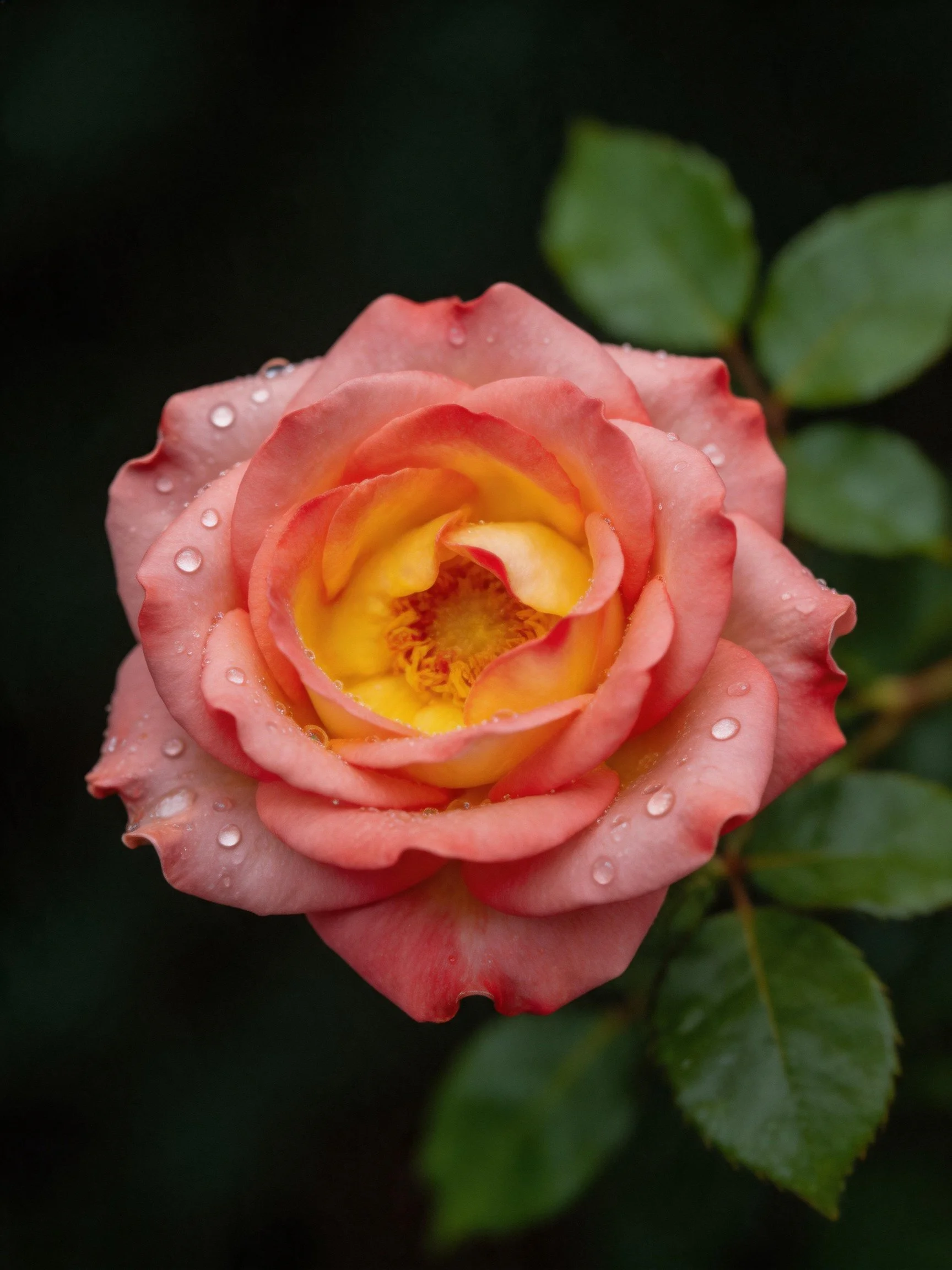 A pink and yellow rose with water droplets and green leaves